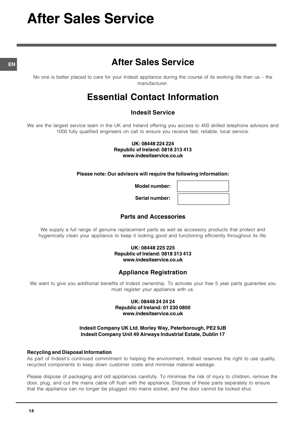 After sales service, Essential contact information | Indesit DIF1614UK User Manual | Page 14 / 16