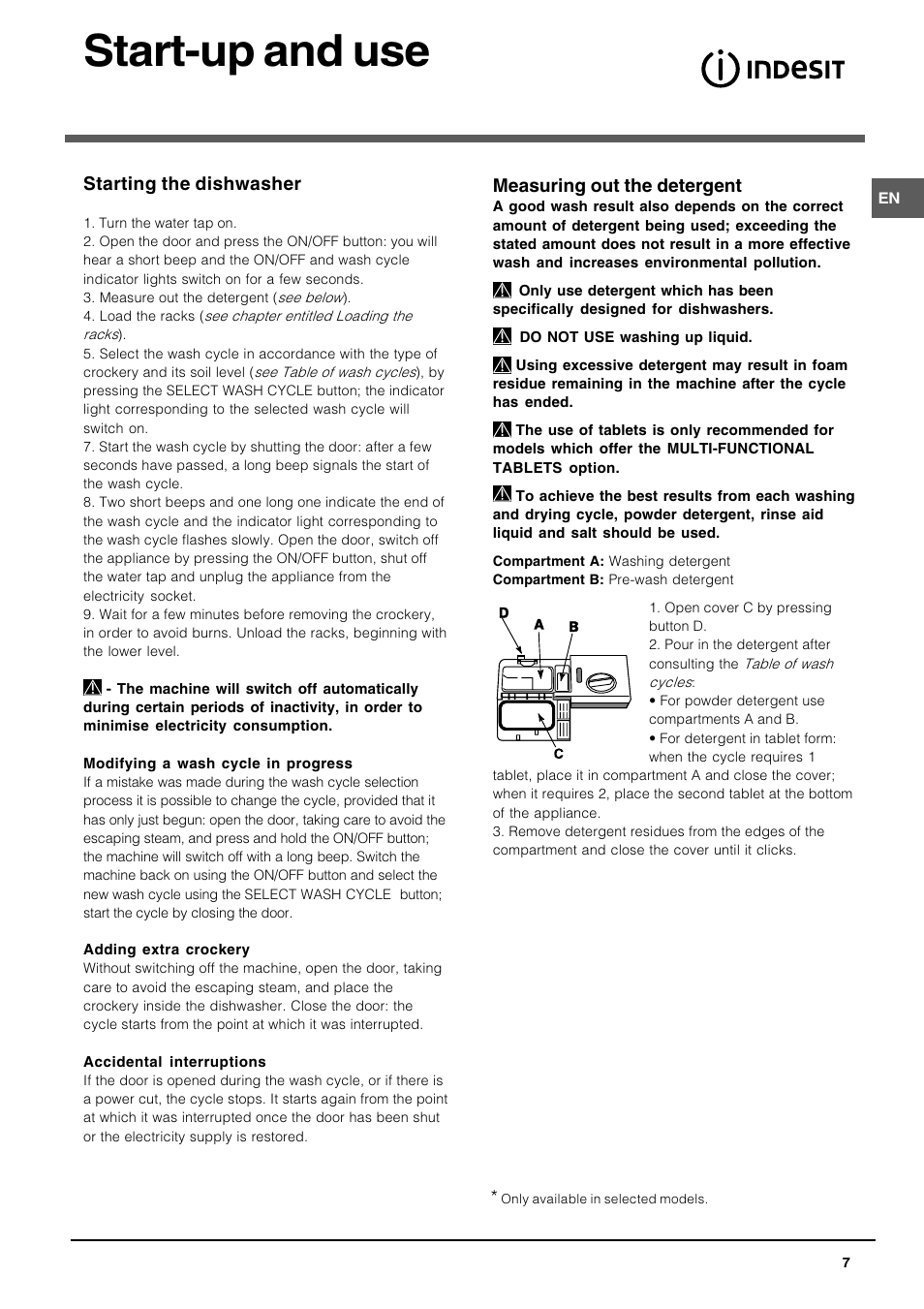 Start-up and use | Indesit DIF1614UK User Manual | Page 7 / 16