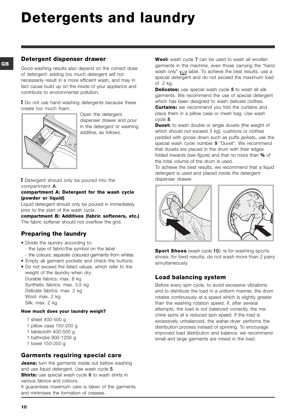 Detergents and laundry, Detergent dispenser drawer, Preparing the laundry | Garments requiring special care, Load balancing system | Indesit PWDC8125 User Manual | Page 10 / 16