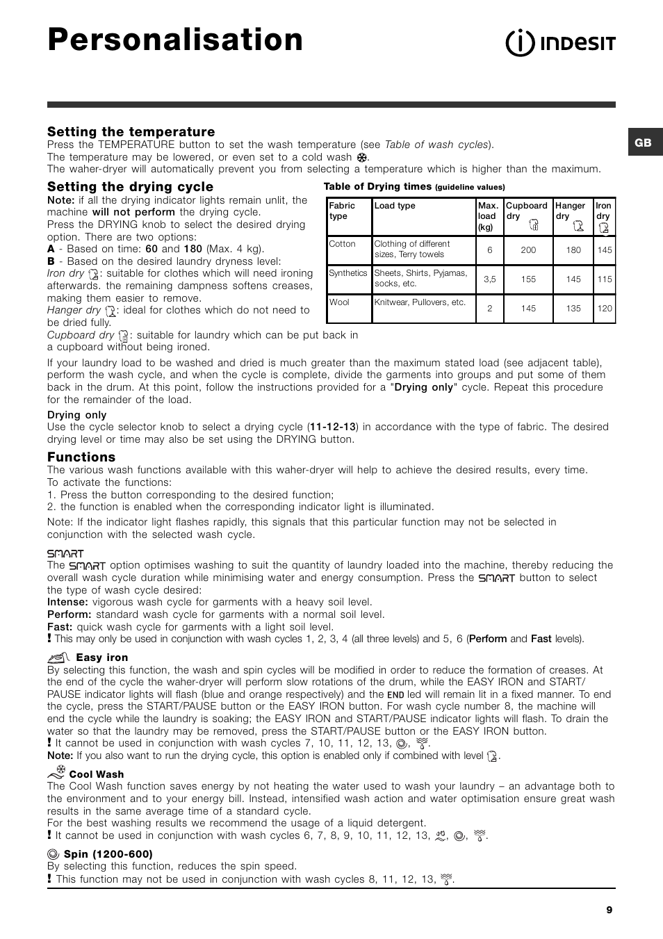 Personalisation, Setting the temperature, Setting the drying cycle | Functions | Indesit PWDC8125 User Manual | Page 9 / 16