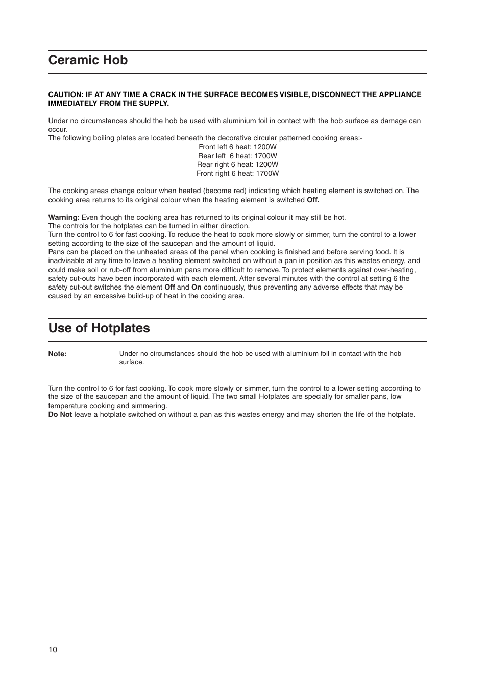 Ceramic hob, Use of hotplates | Indesit KD3C11-G User Manual | Page 10 / 28