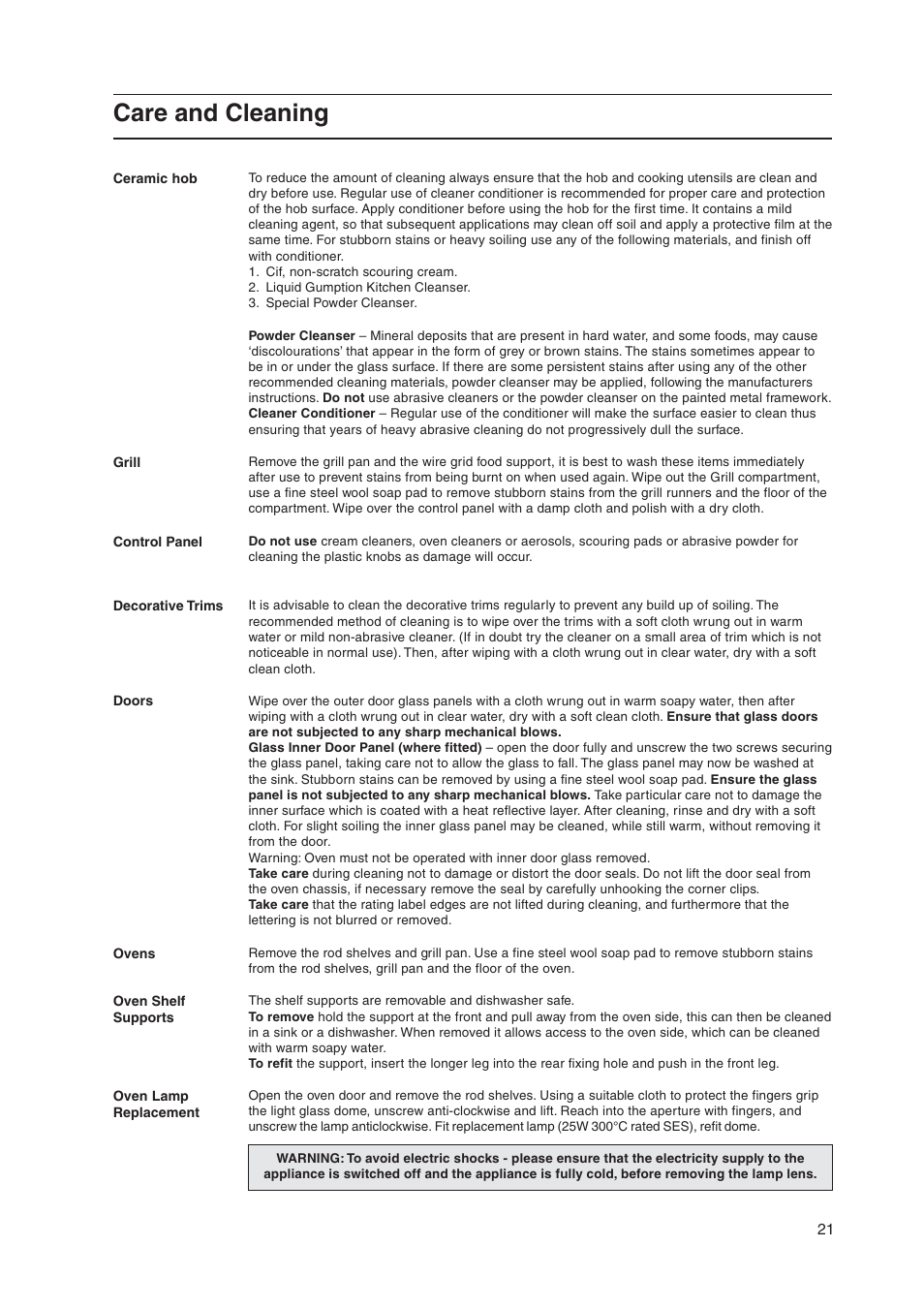 Care and cleaning | Indesit KD3C11-G User Manual | Page 21 / 28