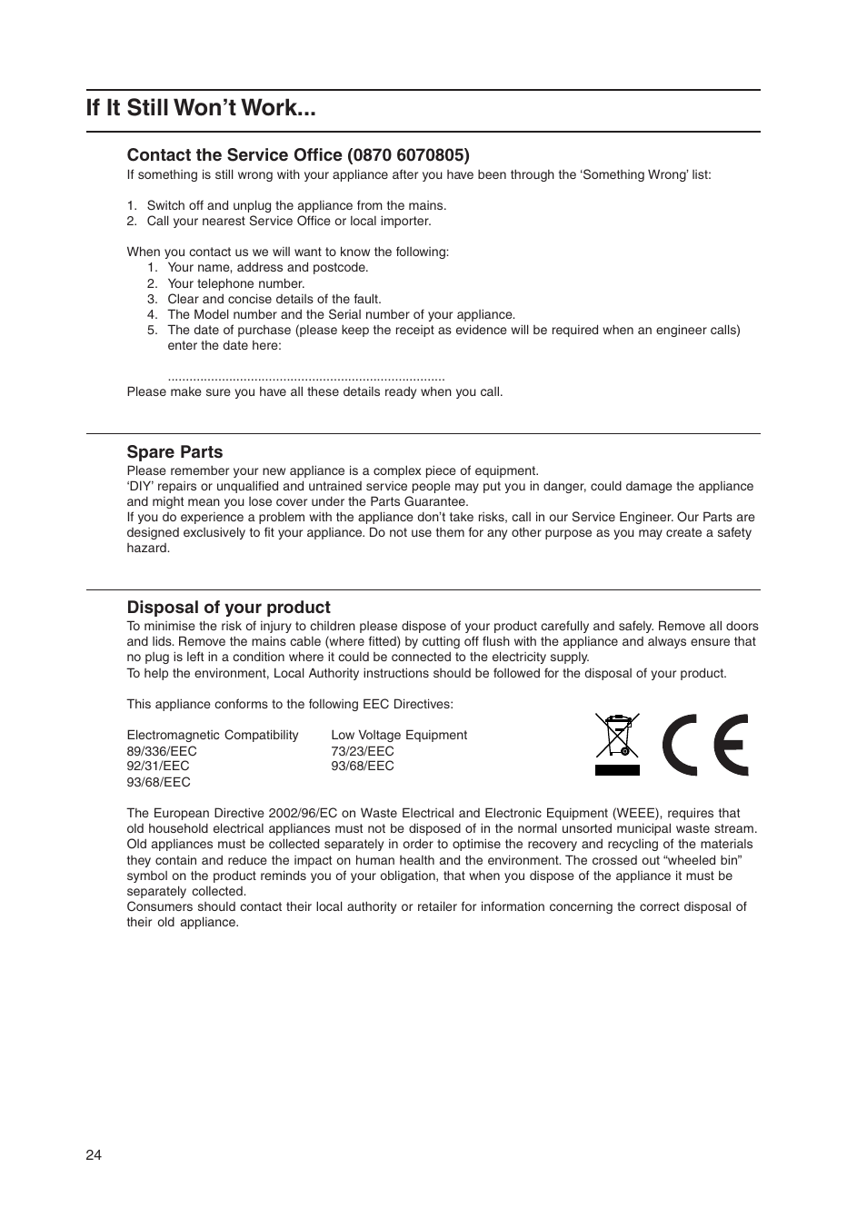 If it still won’t work, Spare parts, Disposal of your product | Indesit KD3C11-G User Manual | Page 24 / 28