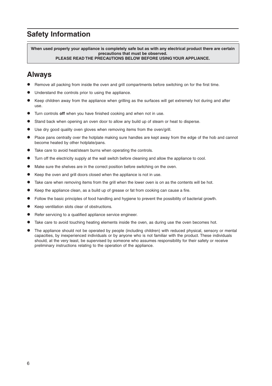 Safety information, Always | Indesit KD3C11-G User Manual | Page 6 / 28