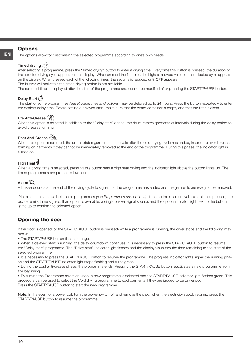 Options, Opening the door | Indesit IDCE845K User Manual | Page 10 / 20