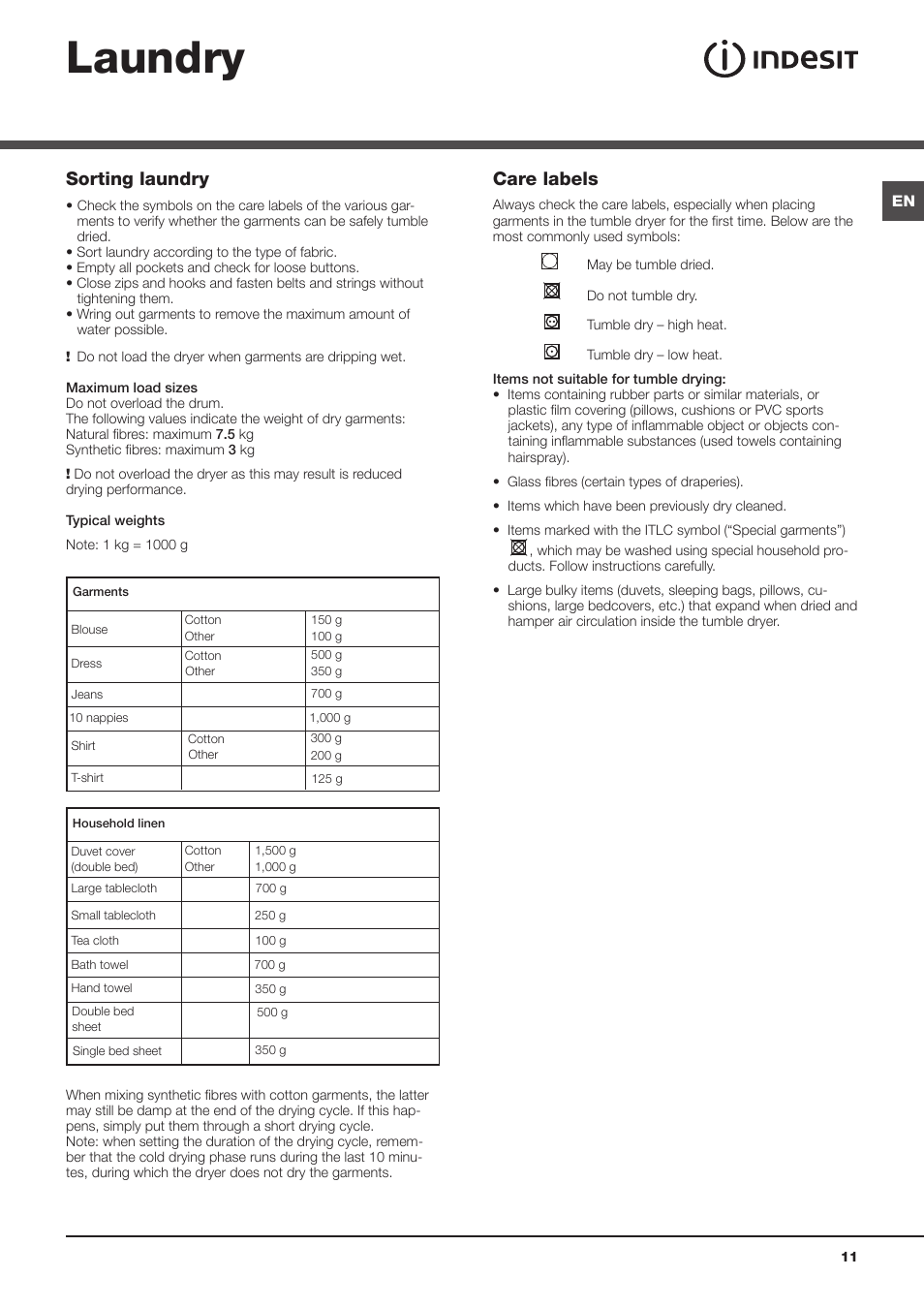 Laundry, Sorting laundry, Care labels | Indesit IDCE845K User Manual | Page 11 / 20
