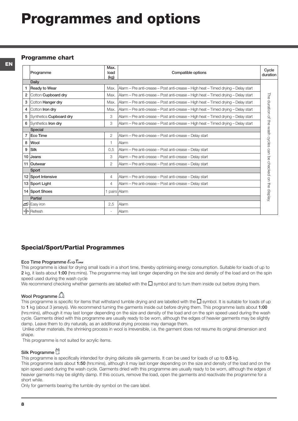 Programmes and options, Special/sport/partial programmes, Programme chart | Indesit IDCE845K User Manual | Page 8 / 20