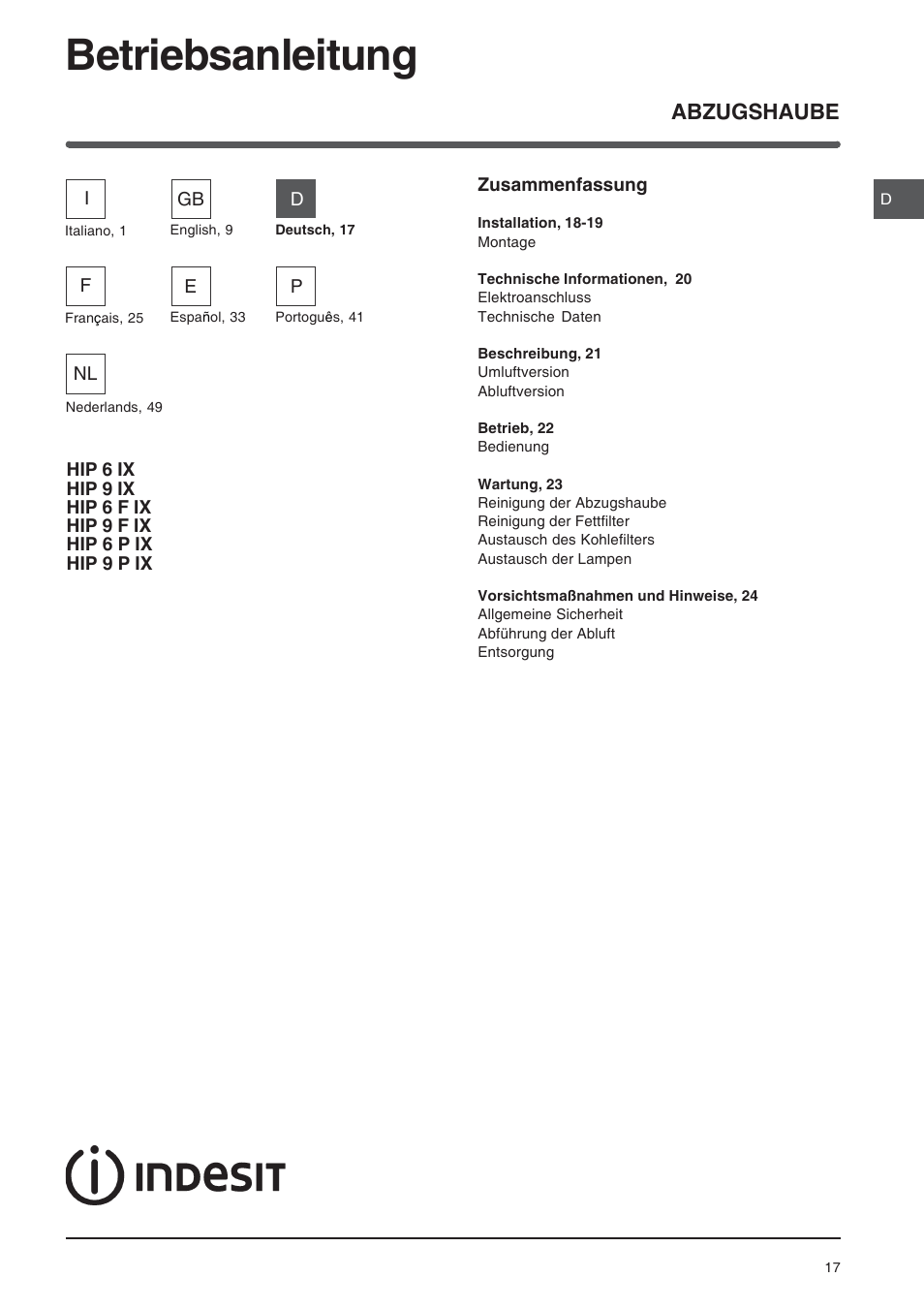 Betriebsanleitung, Abzugshaube | Indesit HIP6FIX User Manual | Page 17 / 56