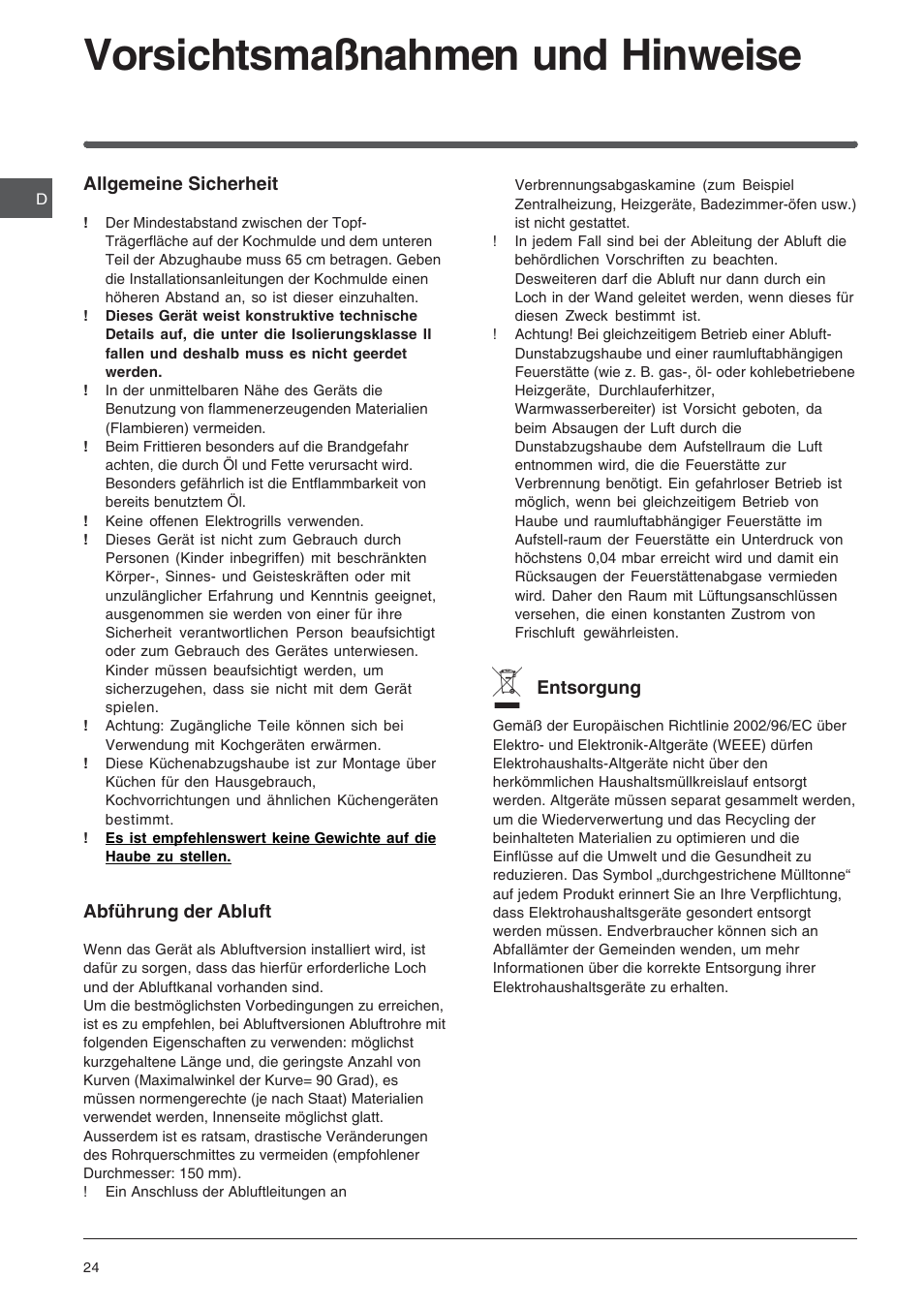 Vorsichtsmaßnahmen und hinweise | Indesit HIP6FIX User Manual | Page 24 / 56