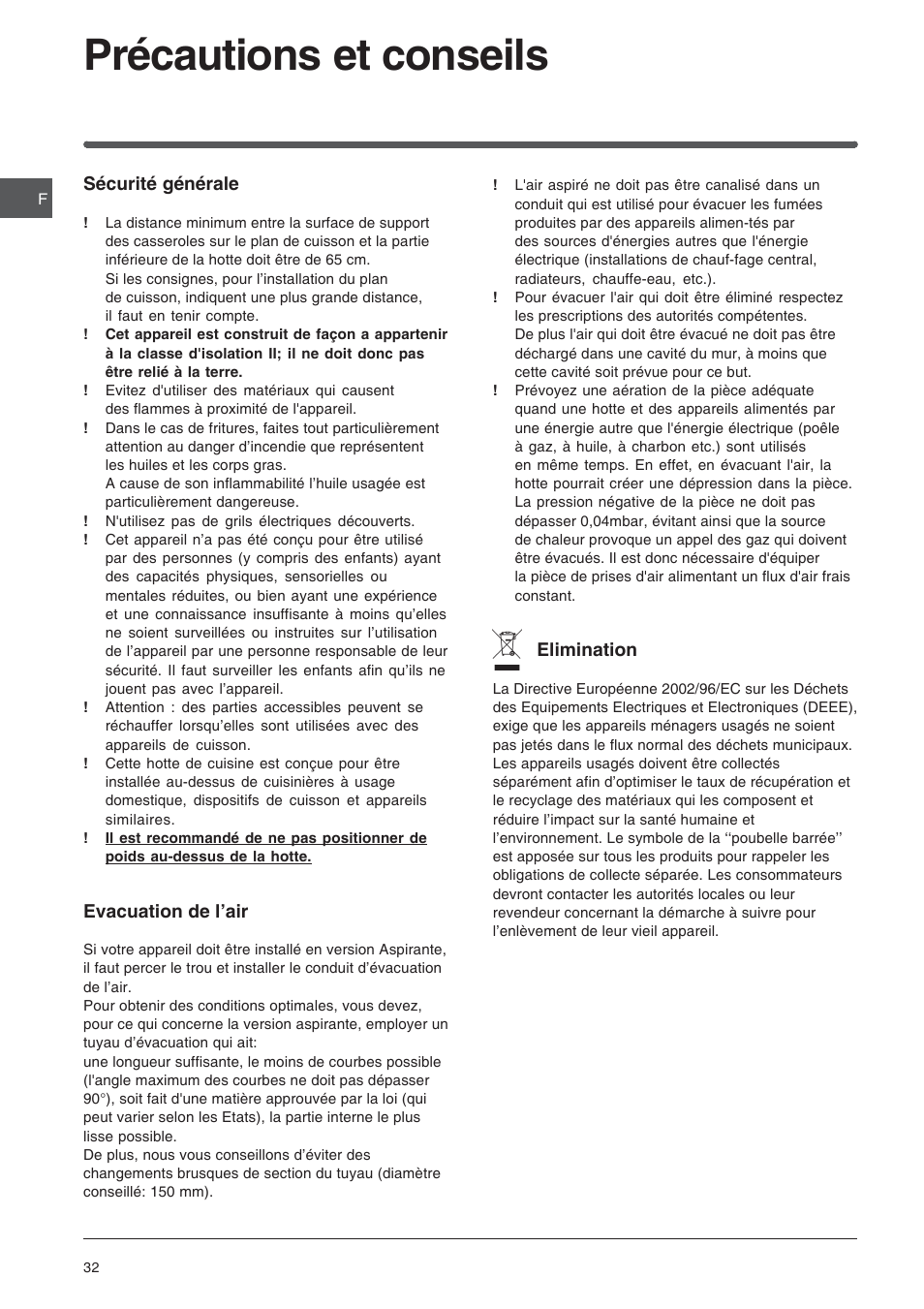 Précautions et conseils | Indesit HIP6FIX User Manual | Page 32 / 56