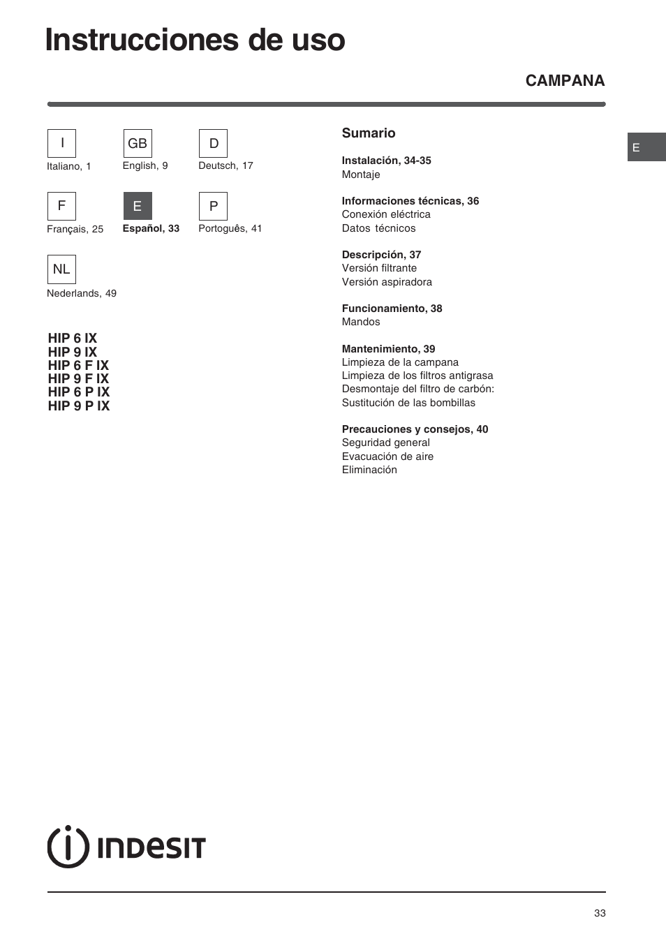Instrucciones de uso, Campana | Indesit HIP6FIX User Manual | Page 33 / 56