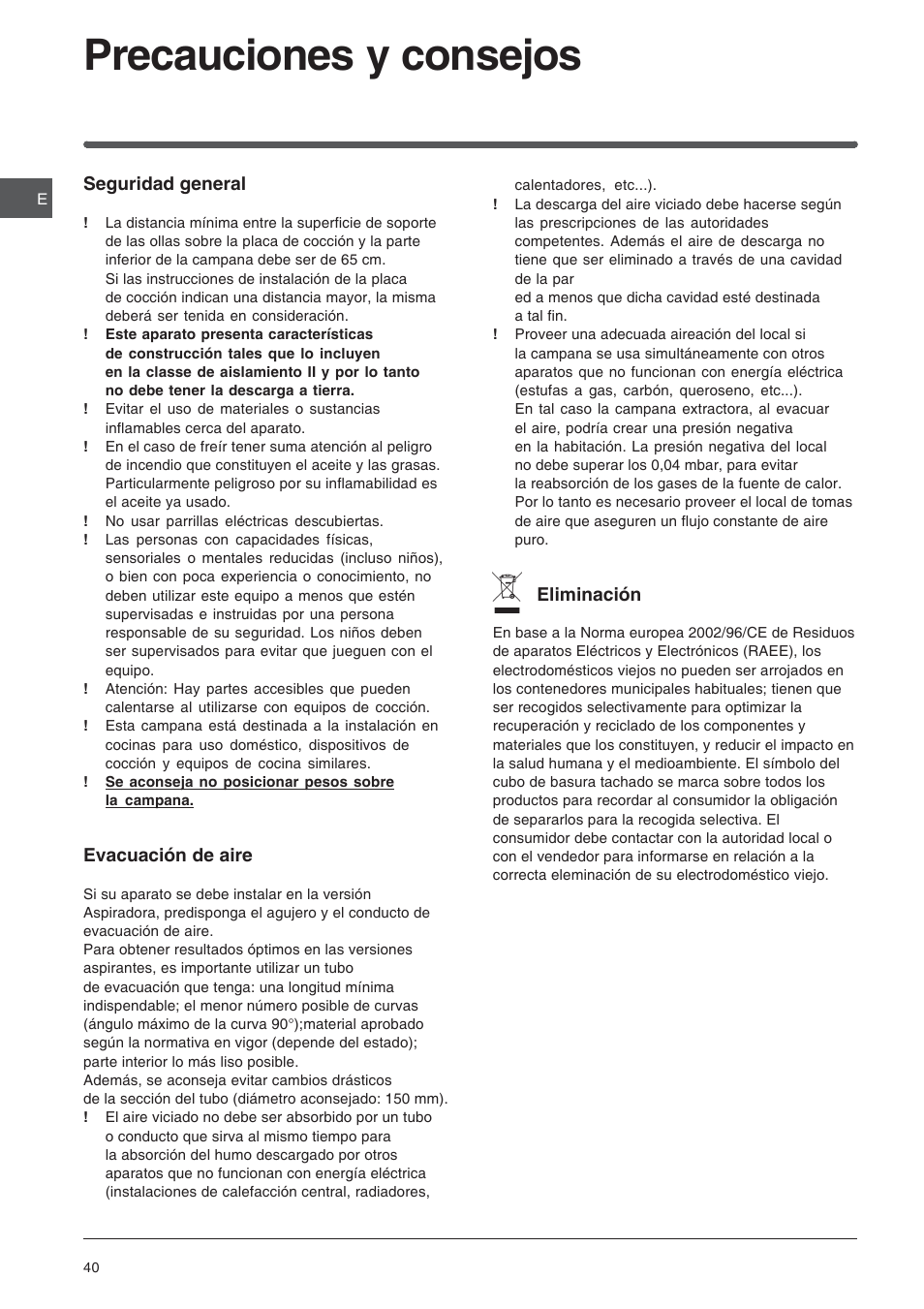 Precauciones y consejos | Indesit HIP6FIX User Manual | Page 40 / 56