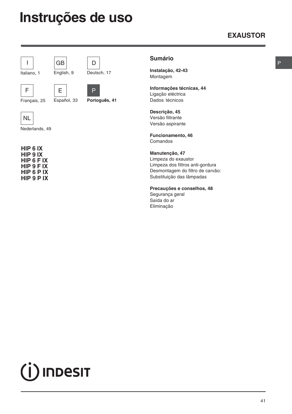 Instruções de uso, Exaustor | Indesit HIP6FIX User Manual | Page 41 / 56