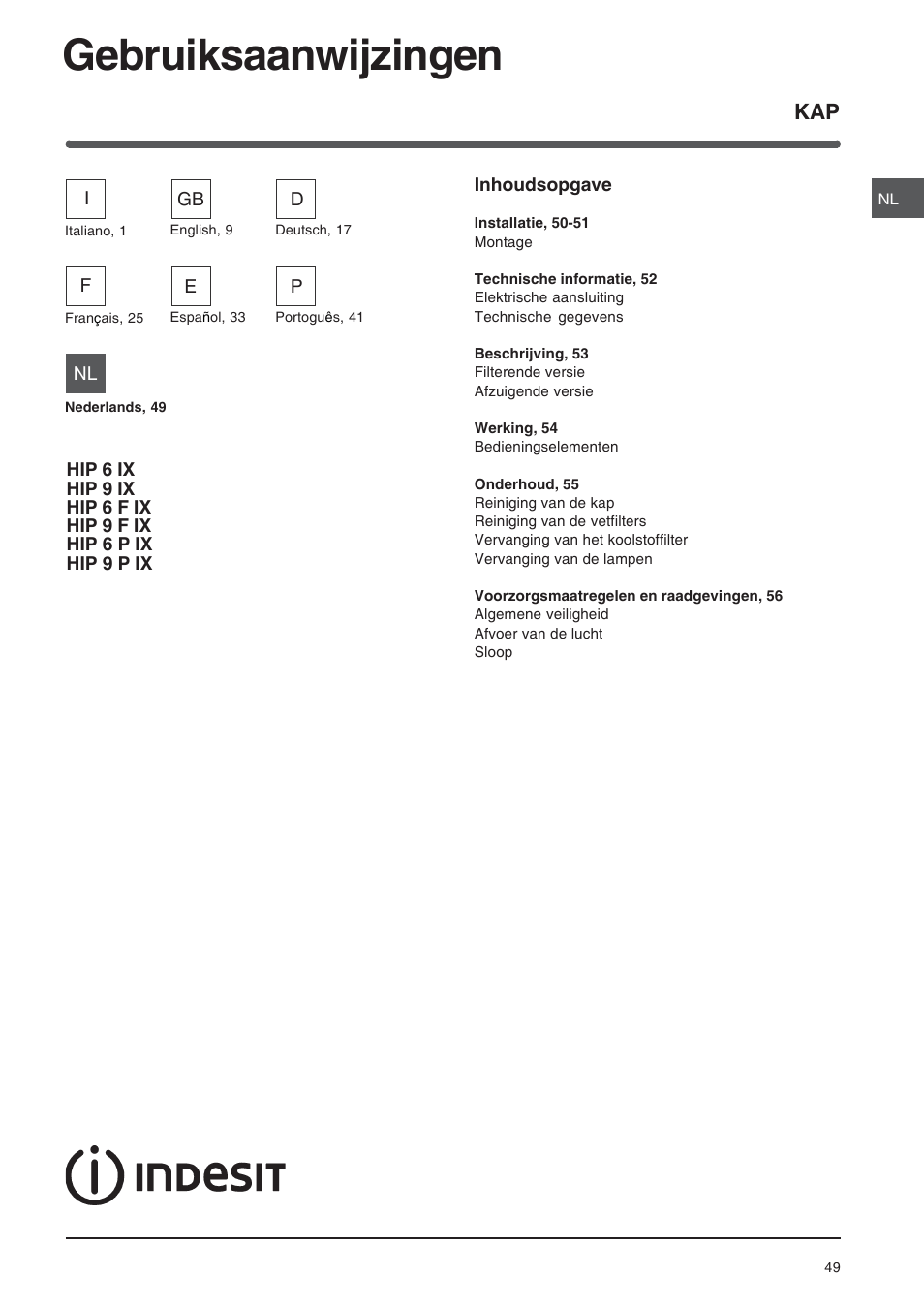 Gebruiksaanwijzingen | Indesit HIP6FIX User Manual | Page 49 / 56