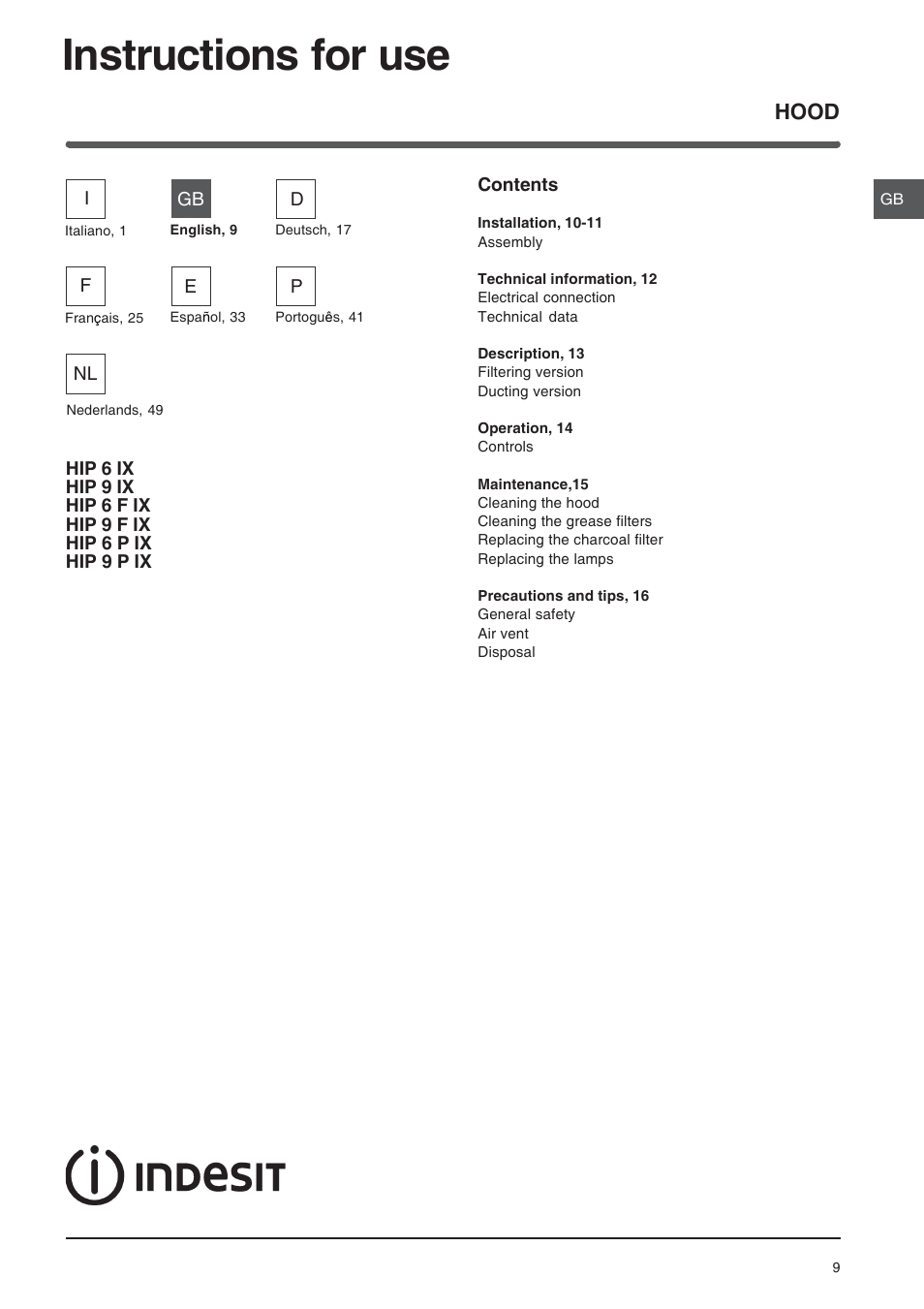 Instructions for use, Hood | Indesit HIP6FIX User Manual | Page 9 / 56