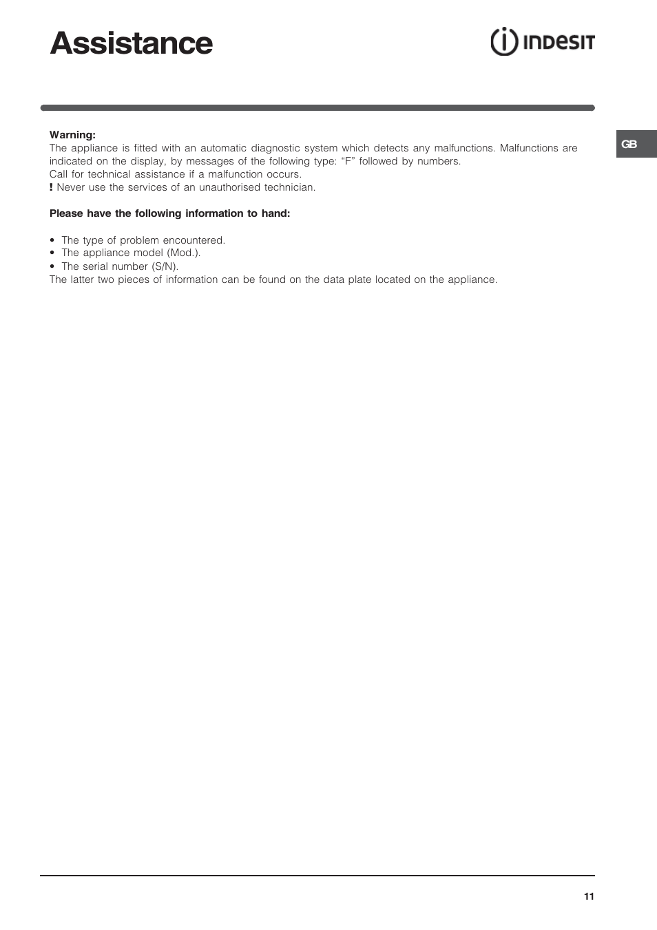 Assistance | Indesit IF89K-AWHUK User Manual | Page 11 / 16
