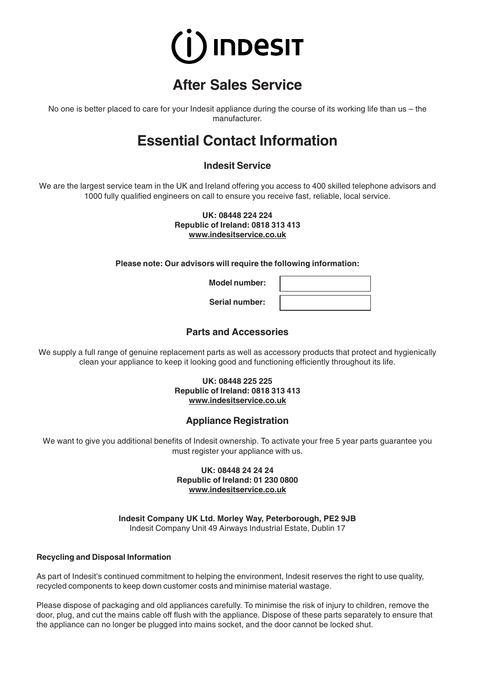 After sales service, Essential contact information | Indesit IF89K-AWHUK User Manual | Page 13 / 16