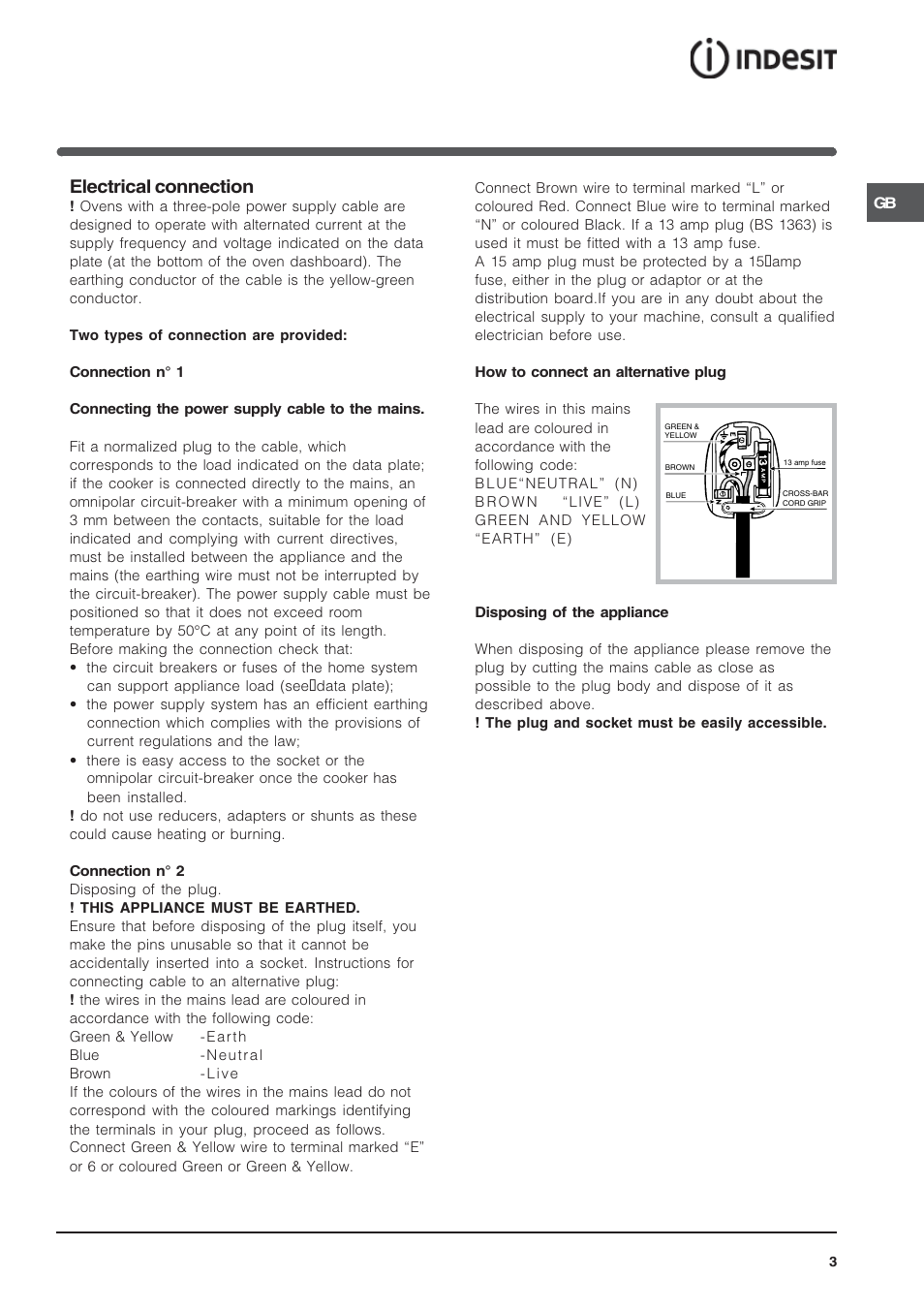 Electrical connection | Indesit IF89K-AWHUK User Manual | Page 3 / 16