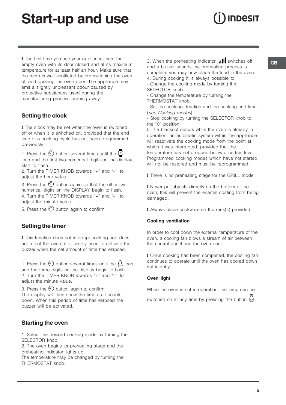Start-up and use, Setting the clock, Setting the timer | Starting the oven | Indesit IF89K-AWHUK User Manual | Page 5 / 16