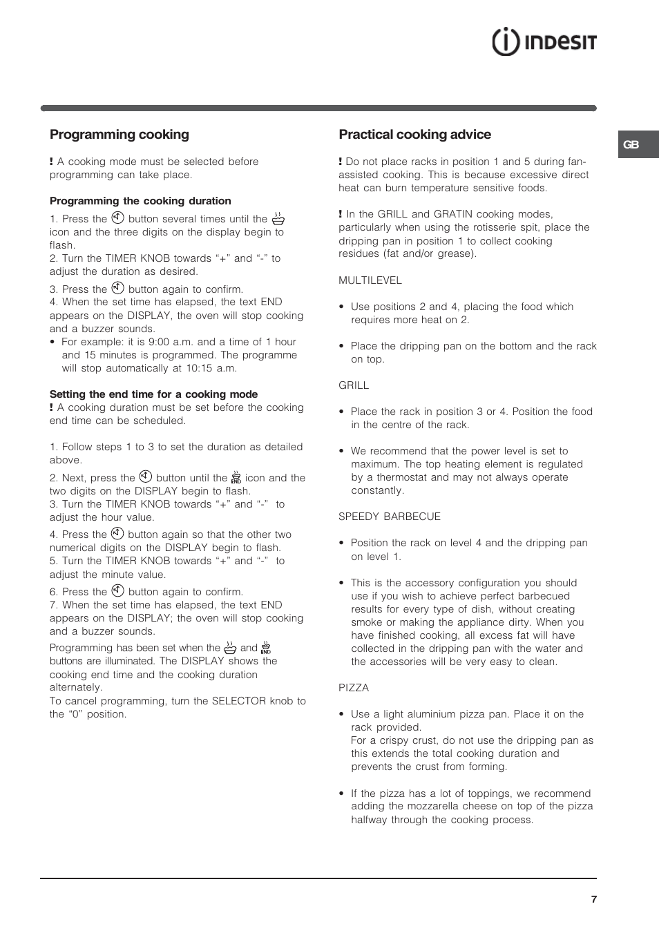 Programming cooking, Practical cooking advice | Indesit IF89K-AWHUK User Manual | Page 7 / 16