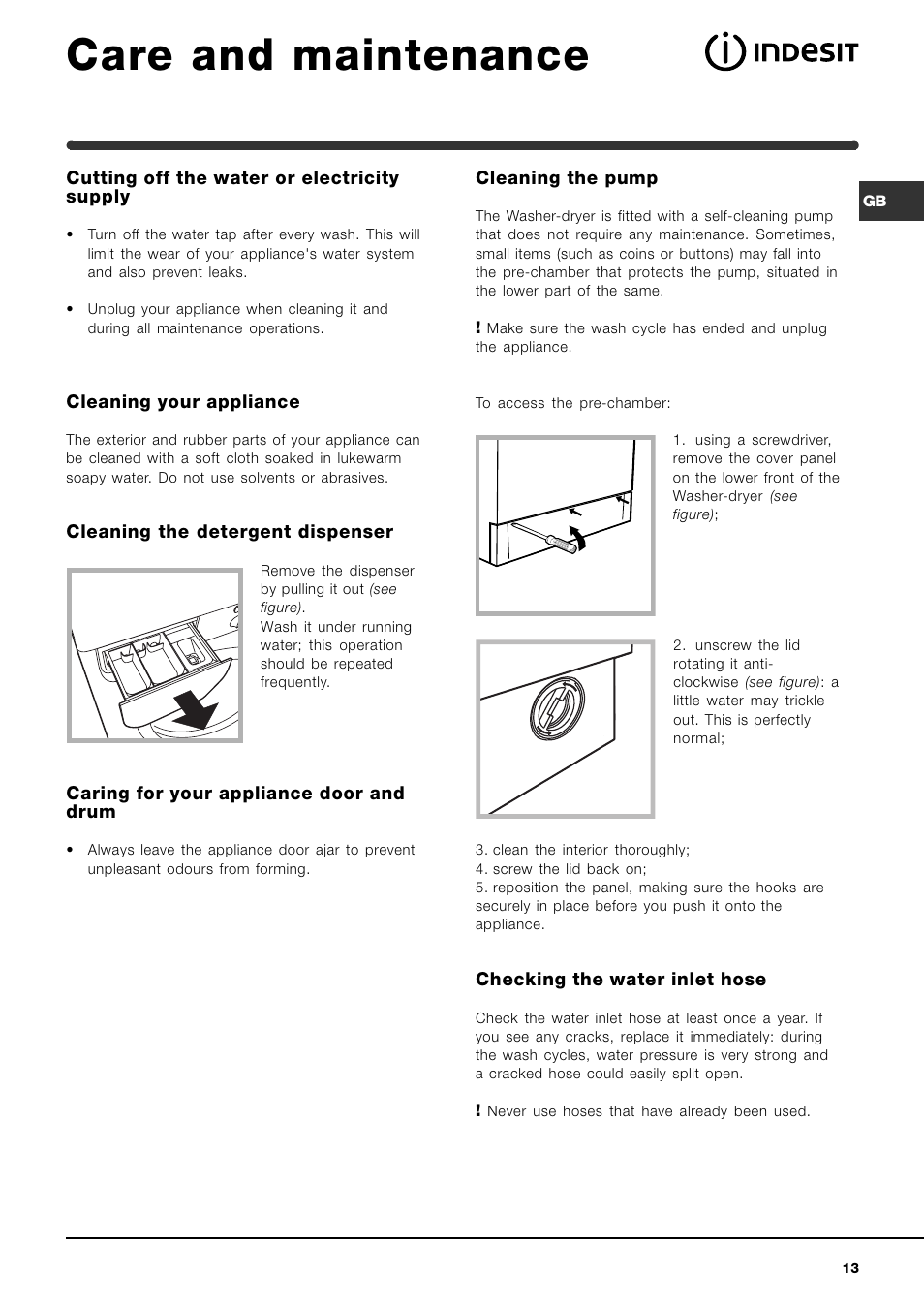 Care and maintenance | Indesit WIDXE146S User Manual | Page 13 / 18