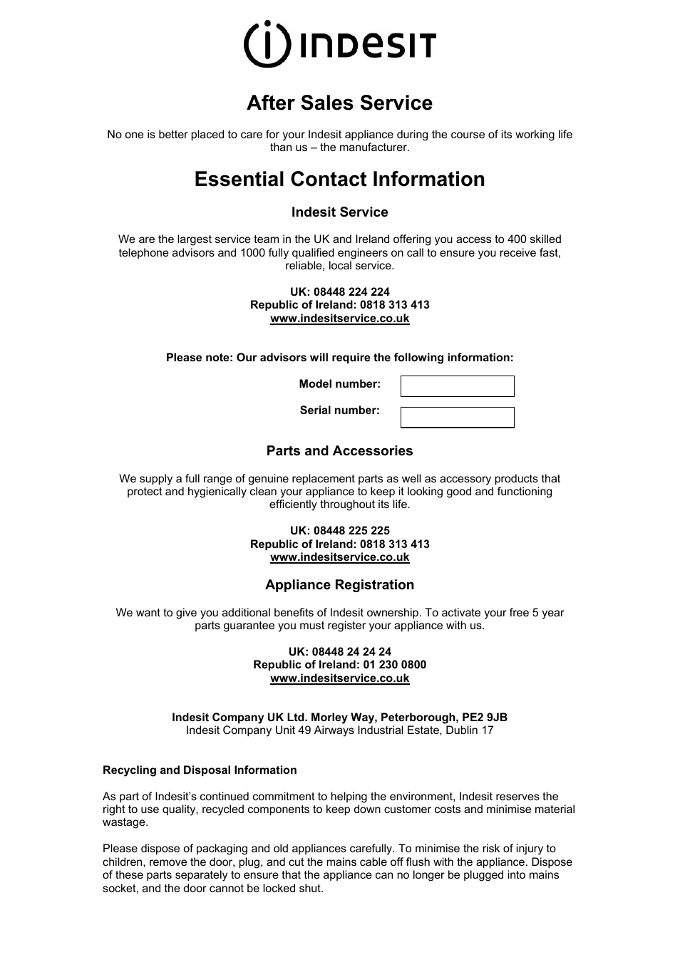After sales service, Essential contact information | Indesit WIDXE146S User Manual | Page 17 / 18