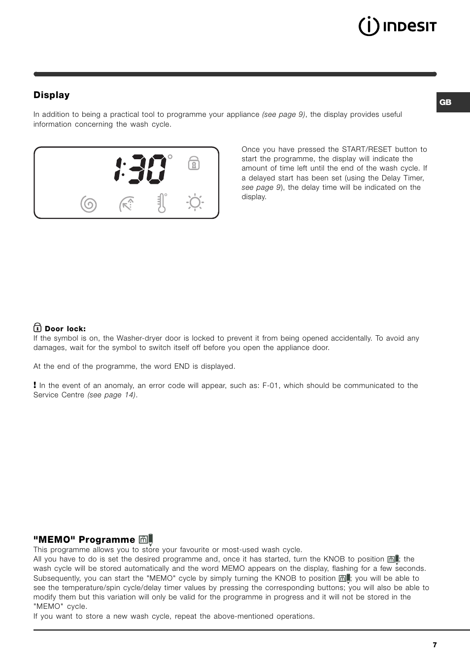 Display | Indesit WIDXE146S User Manual | Page 7 / 18