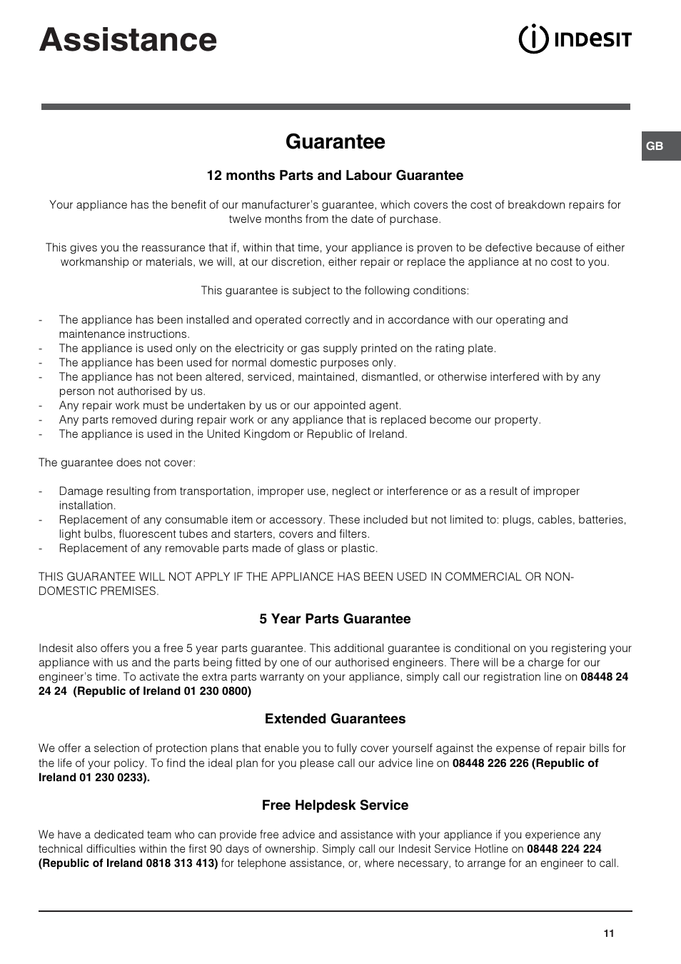 Assistance, Guarantee | Indesit PBAA33NFUK User Manual | Page 11 / 12