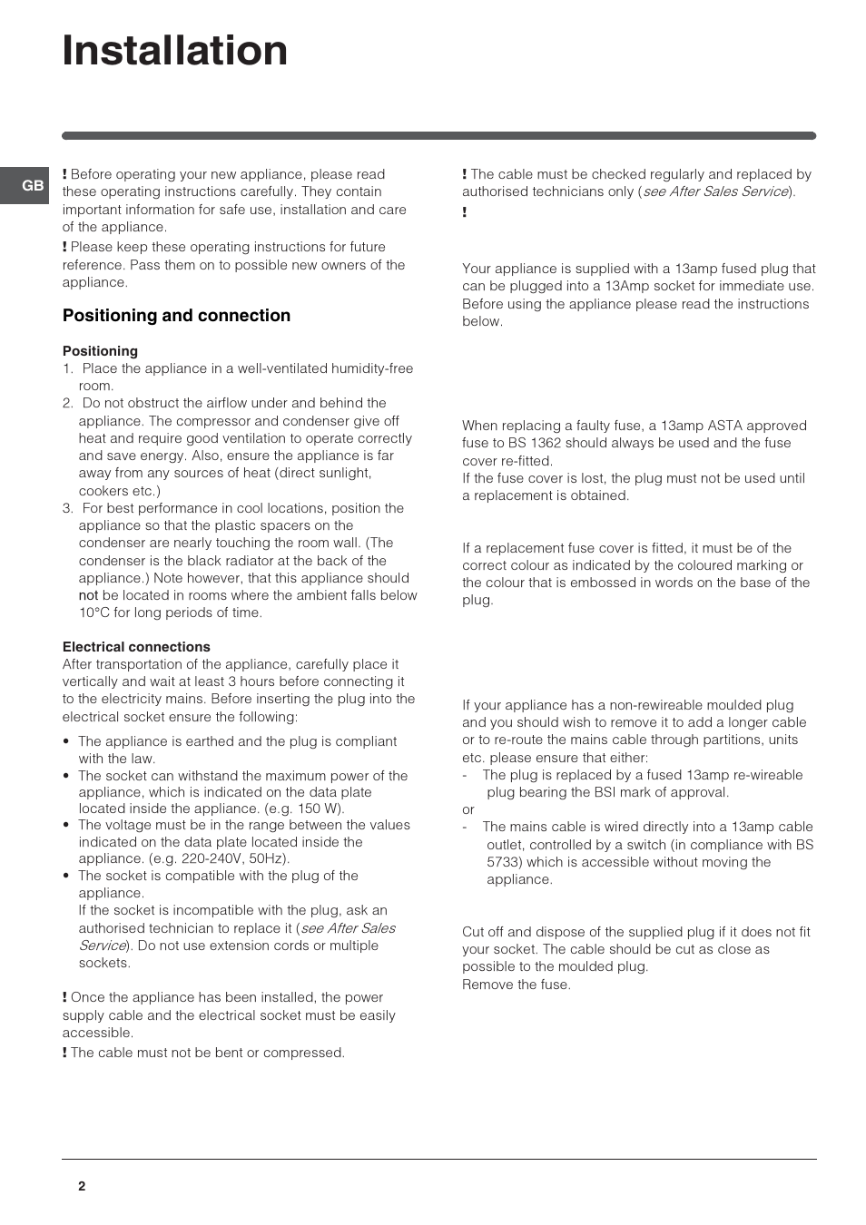 Installation, Positioning and connection | Indesit PBAA33NFUK User Manual | Page 2 / 12