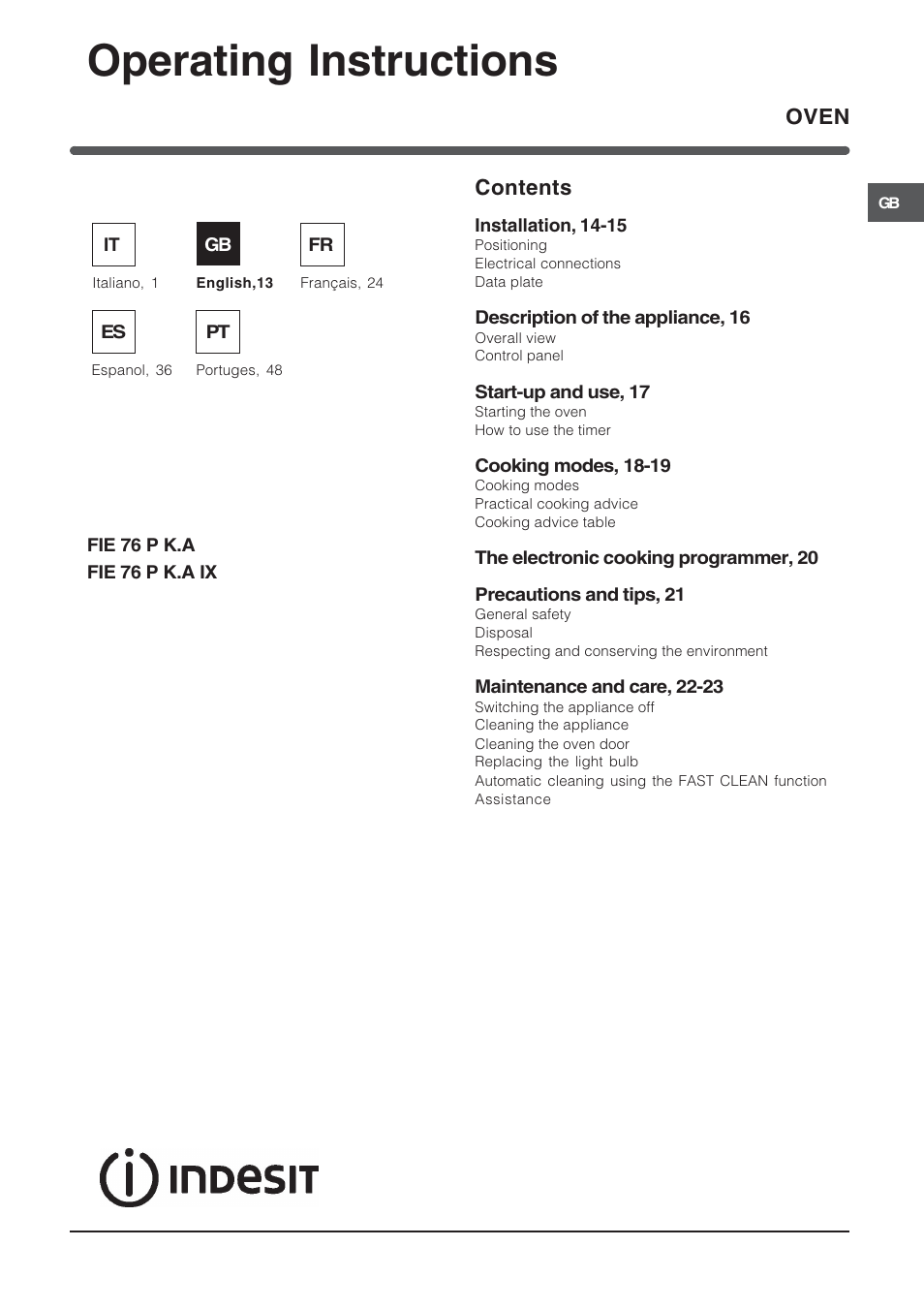 Indesit FIE76PK-AIX User Manual | Page 13 / 60