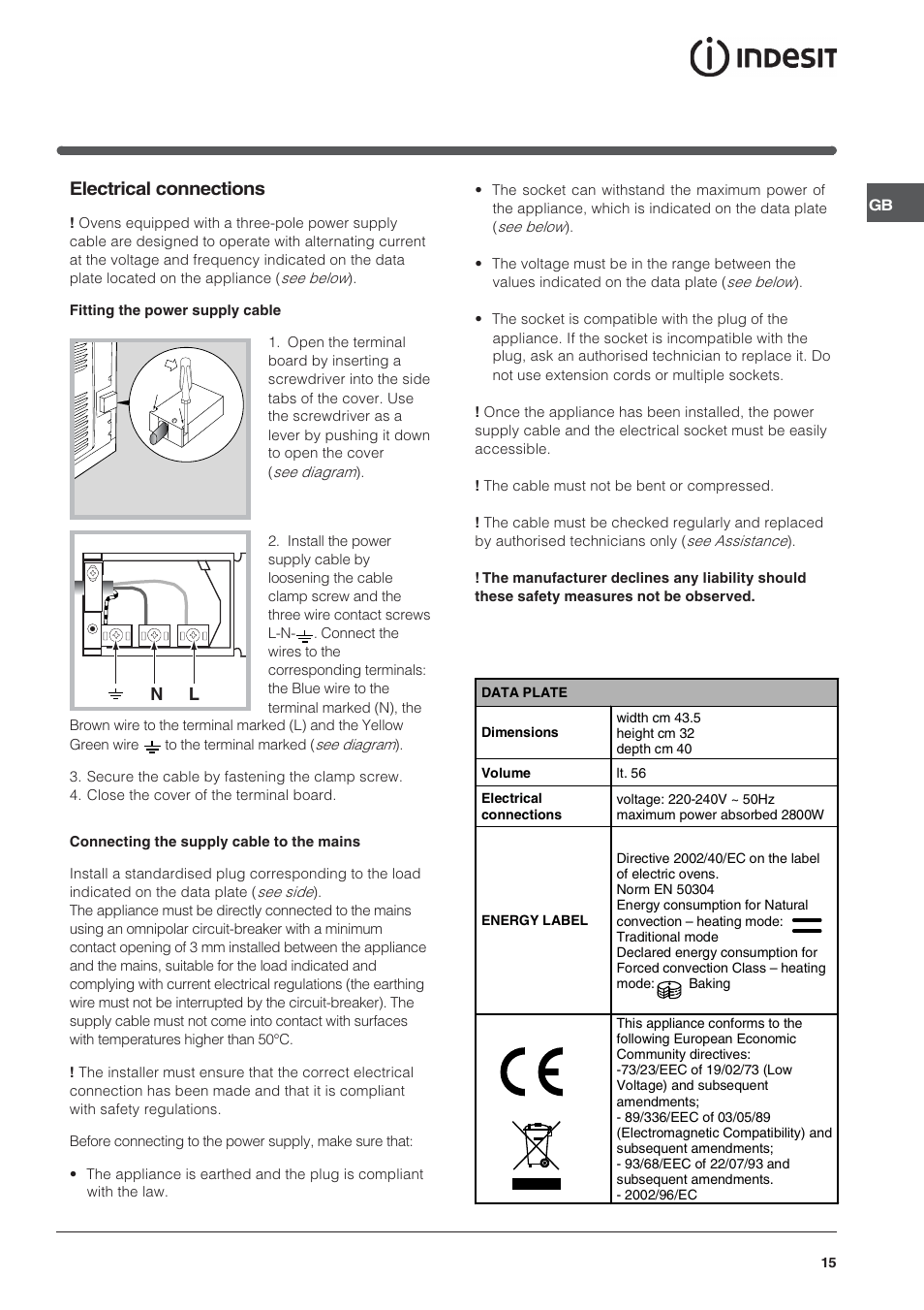Electrical connections | Indesit FIE76PK-AIX User Manual | Page 15 / 60