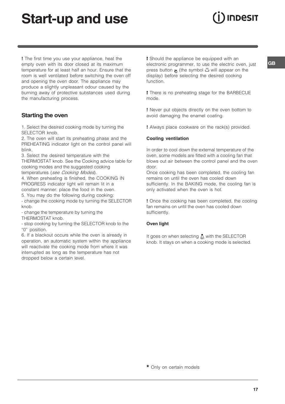 Start-up and use | Indesit FIE76PK-AIX User Manual | Page 17 / 60