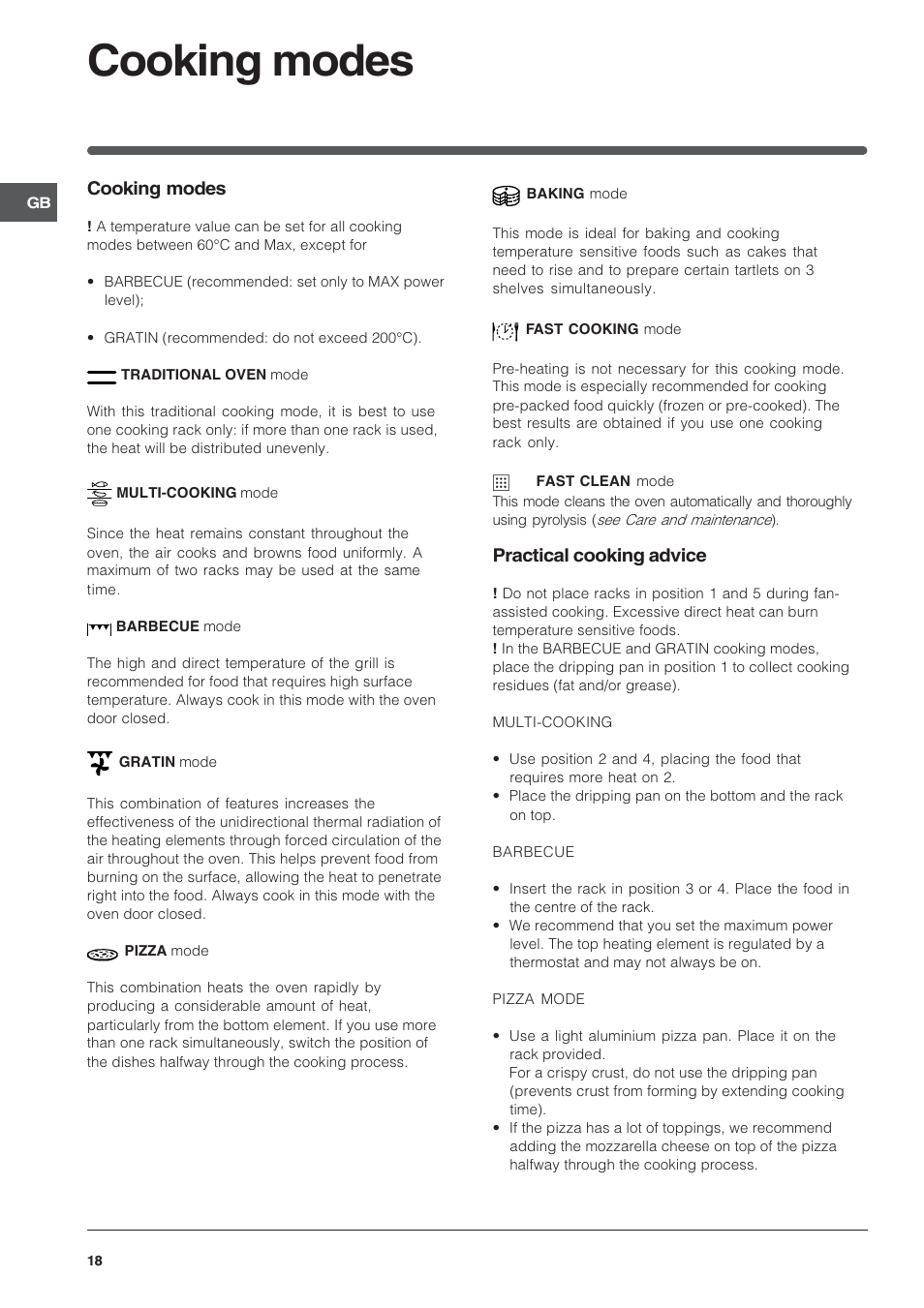 Cooking modes | Indesit FIE76PK-AIX User Manual | Page 18 / 60