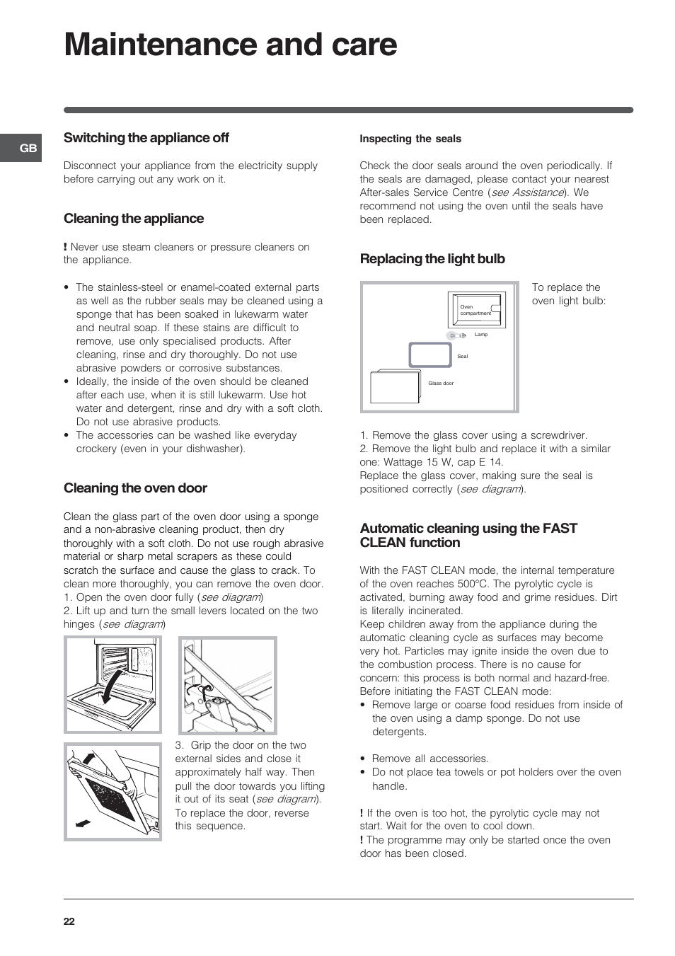 Maintenance and care, Switching the appliance off, Cleaning the appliance | Cleaning the oven door, Replacing the light bulb, Automatic cleaning using the fast clean function | Indesit FIE76PK-AIX User Manual | Page 22 / 60