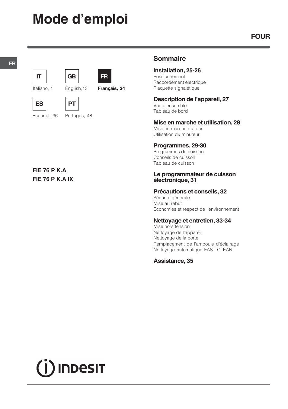 Mode demploi, Sommaire, Four | Indesit FIE76PK-AIX User Manual | Page 24 / 60