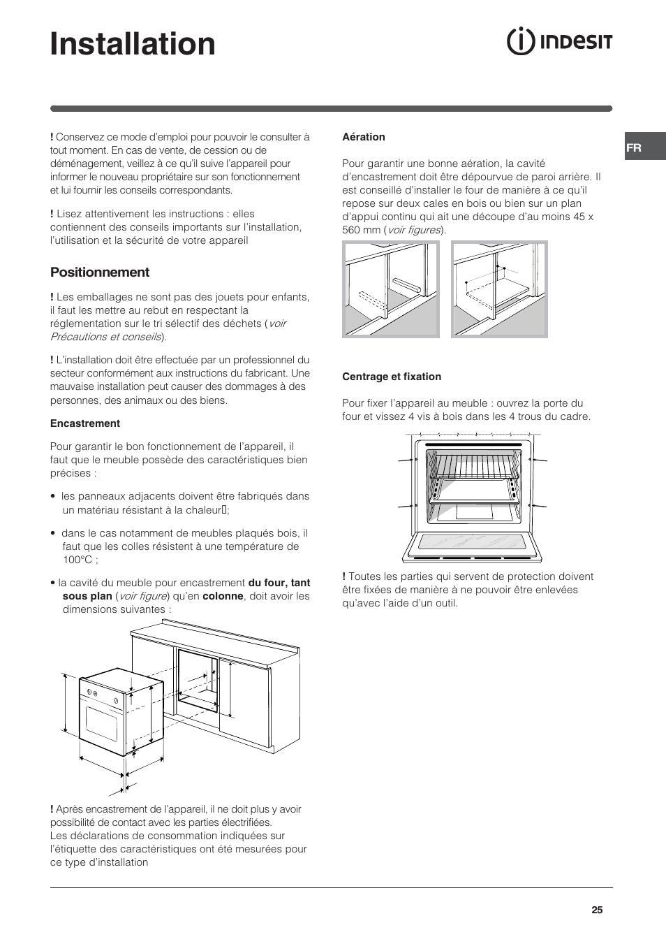 Installation, Positionnement | Indesit FIE76PK-AIX User Manual | Page 25 / 60