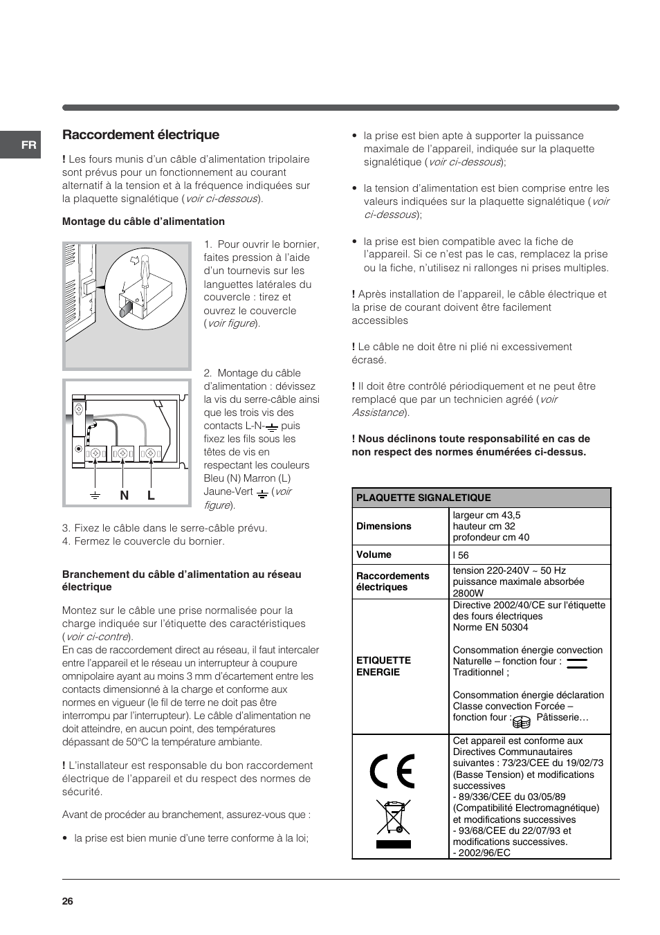 Raccordement électrique | Indesit FIE76PK-AIX User Manual | Page 26 / 60