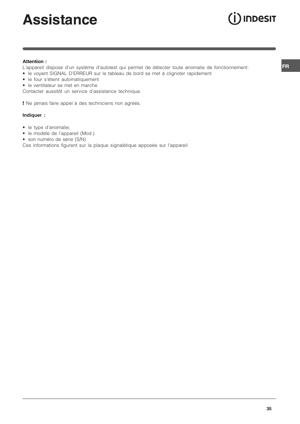 Assistance | Indesit FIE76PK-AIX User Manual | Page 35 / 60