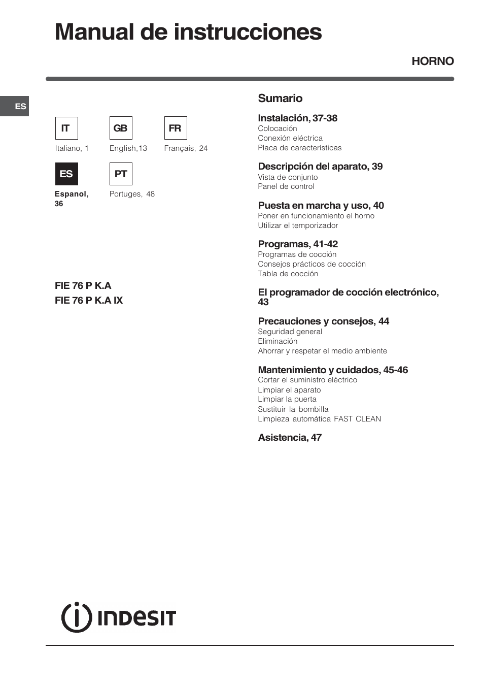 Manual de instrucciones, Sumario, Horno | Indesit FIE76PK-AIX User Manual | Page 36 / 60