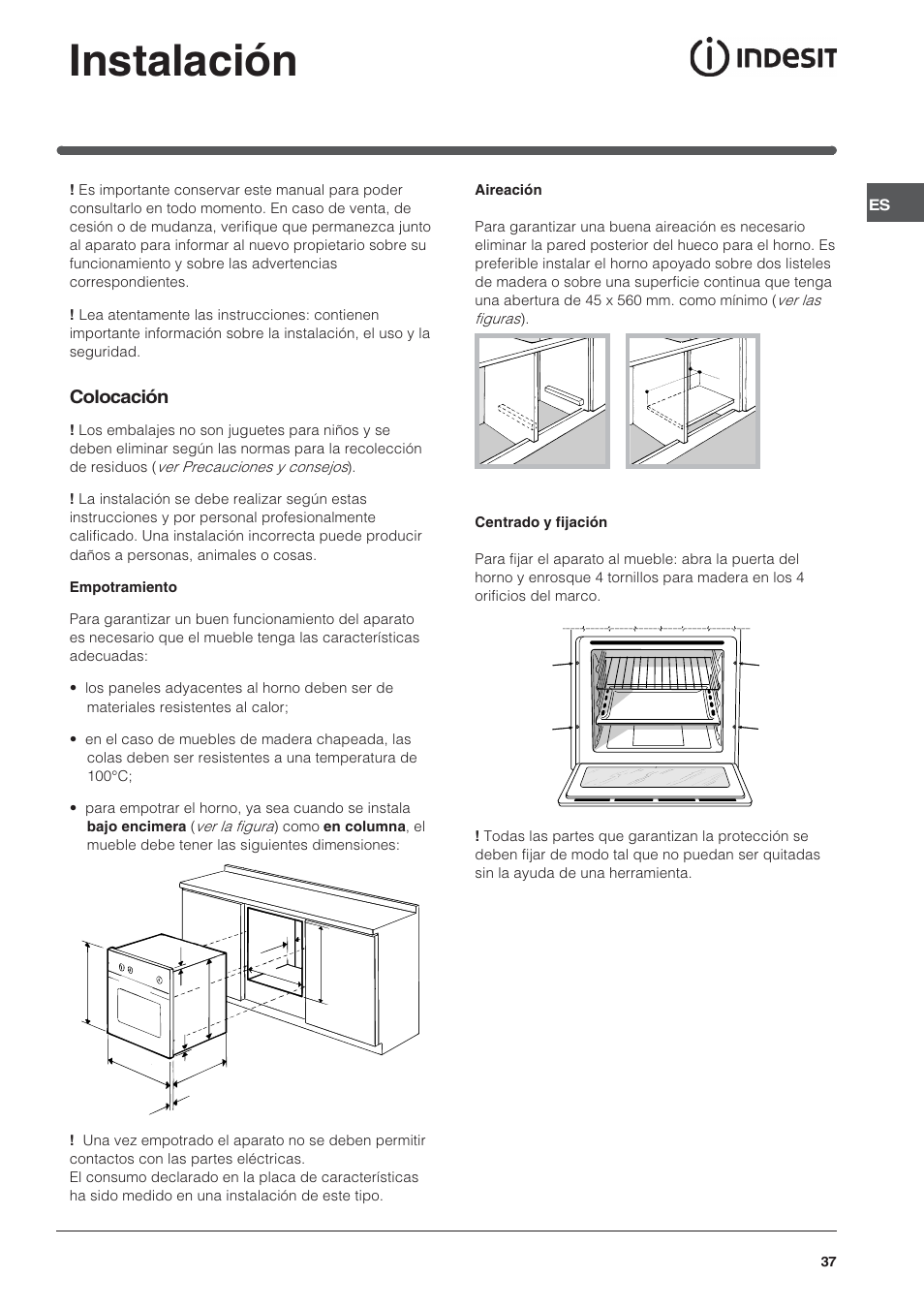 Instalación, Colocación | Indesit FIE76PK-AIX User Manual | Page 37 / 60