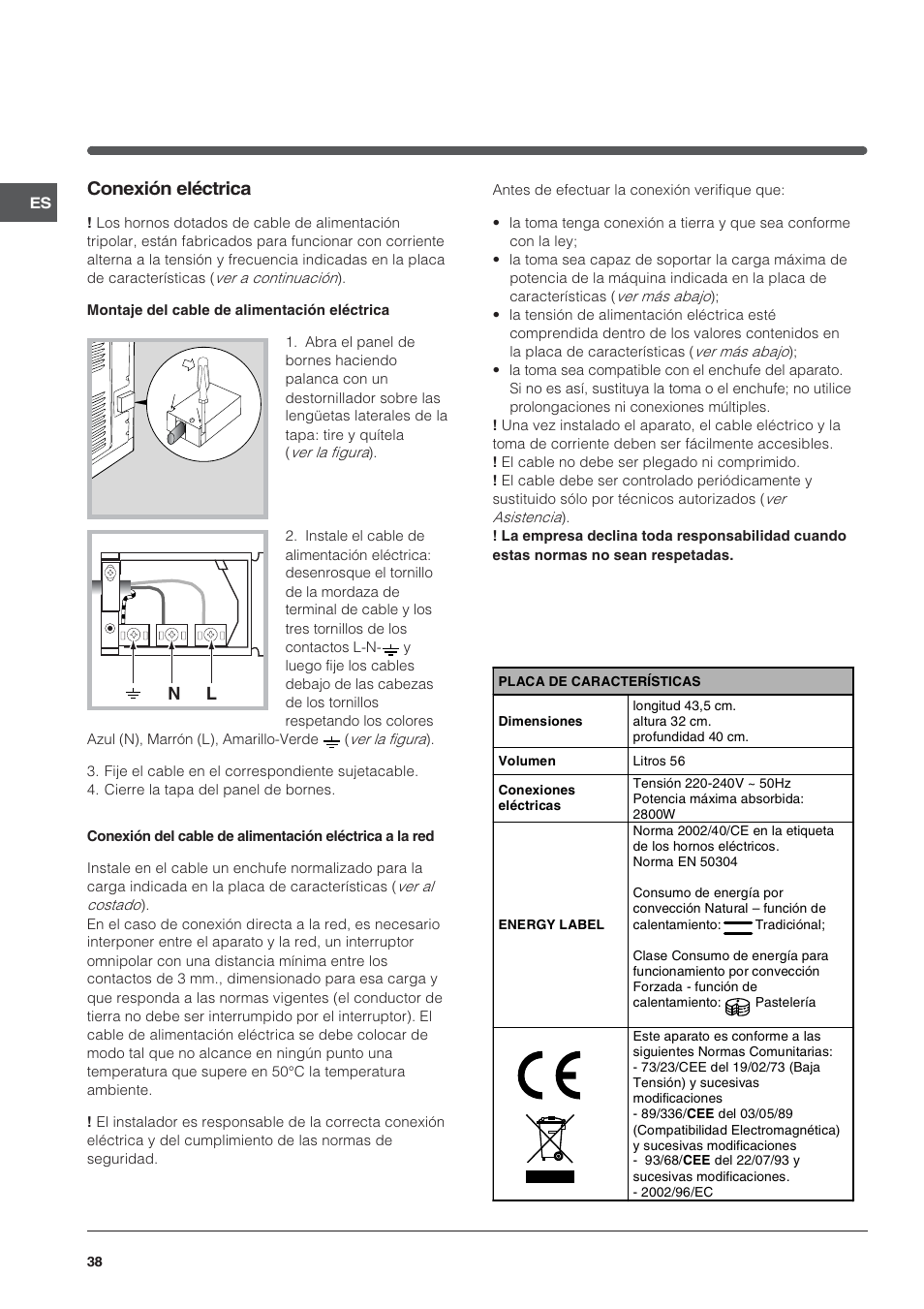 Conexión eléctrica | Indesit FIE76PK-AIX User Manual | Page 38 / 60