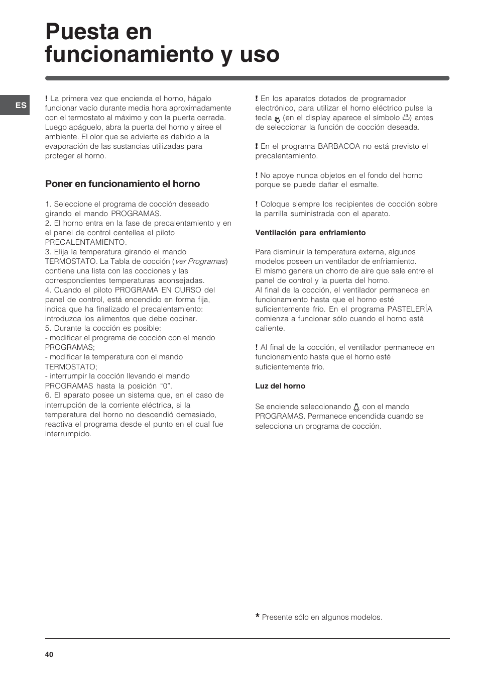 Puesta en funcionamiento y uso | Indesit FIE76PK-AIX User Manual | Page 40 / 60