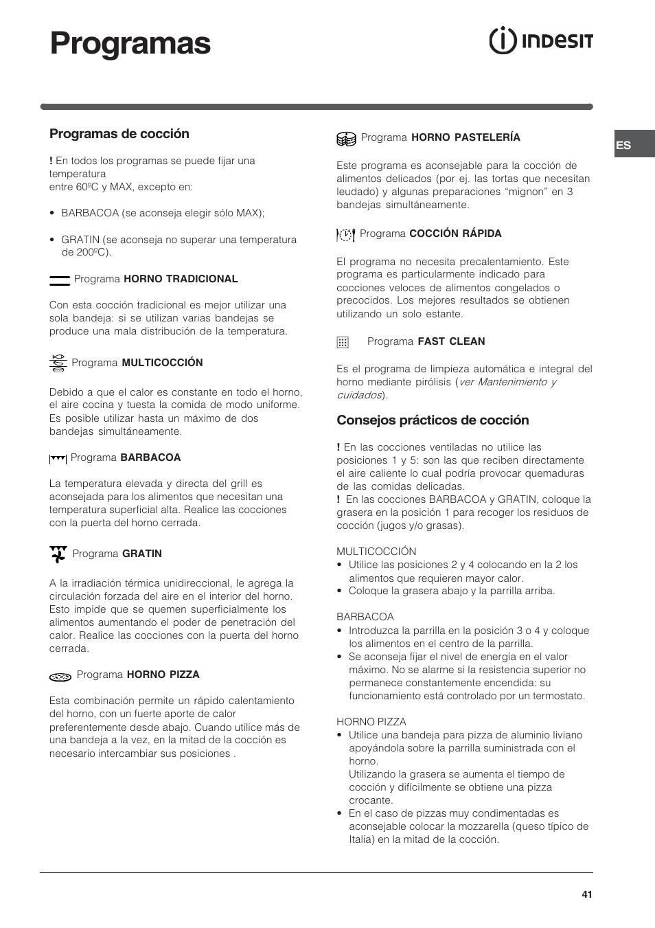 Programas, Programas de cocción, Consejos prácticos de cocción | Indesit FIE76PK-AIX User Manual | Page 41 / 60