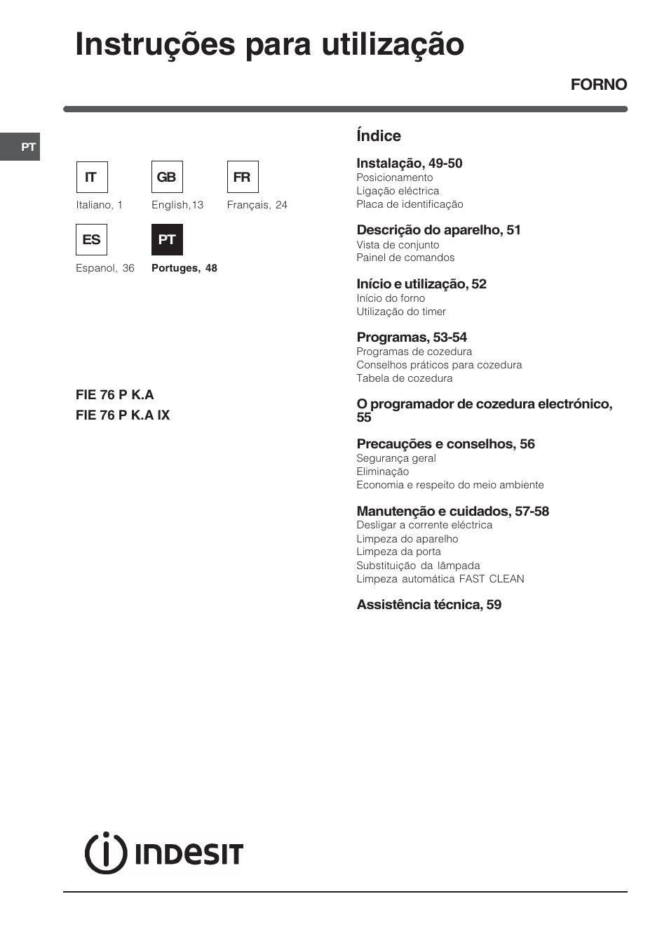 Instruções para utilização, Índice, Forno | Indesit FIE76PK-AIX User Manual | Page 48 / 60