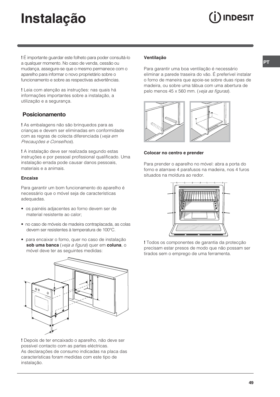 Instalação, Posicionamento | Indesit FIE76PK-AIX User Manual | Page 49 / 60