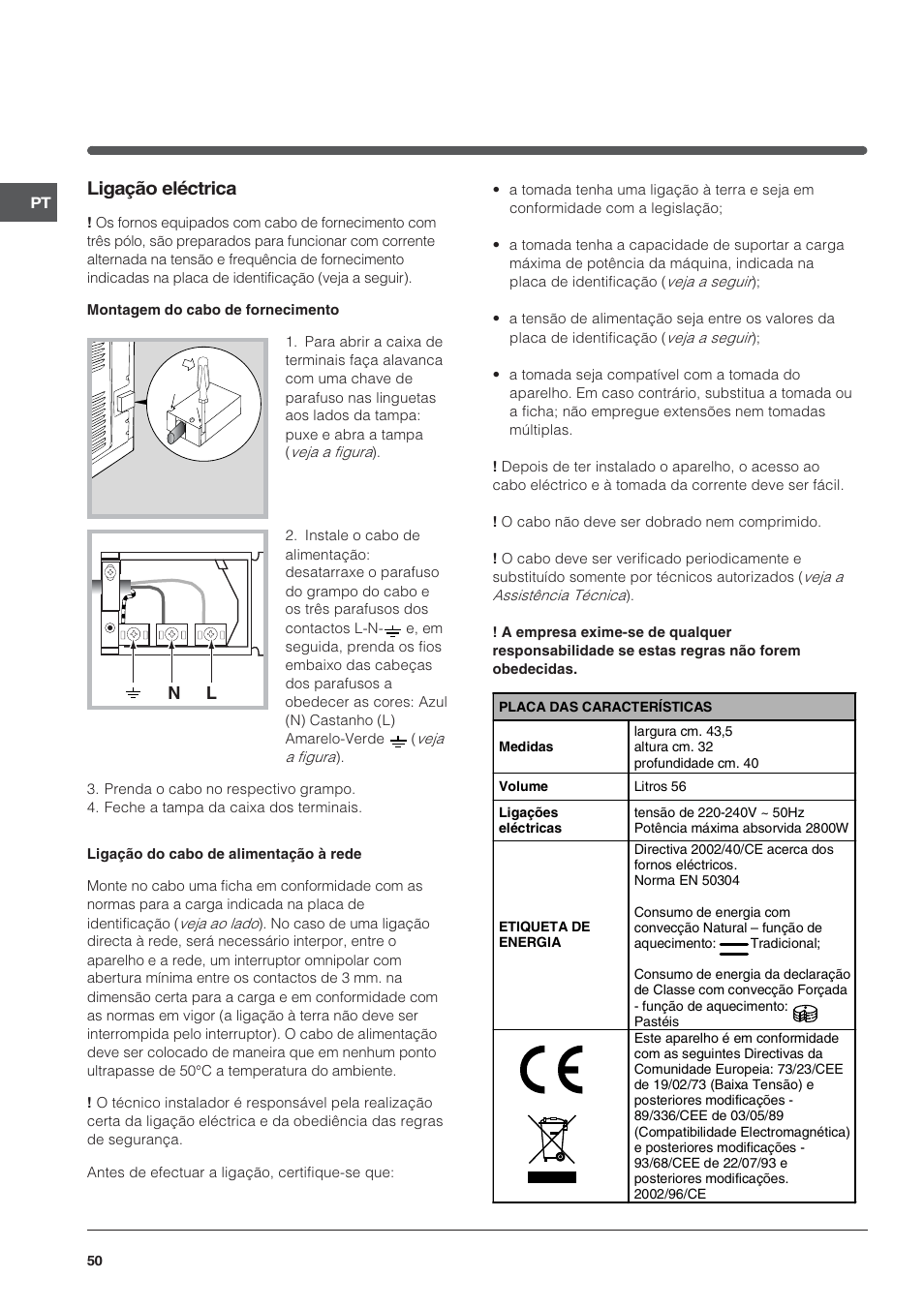 Ligação eléctrica | Indesit FIE76PK-AIX User Manual | Page 50 / 60