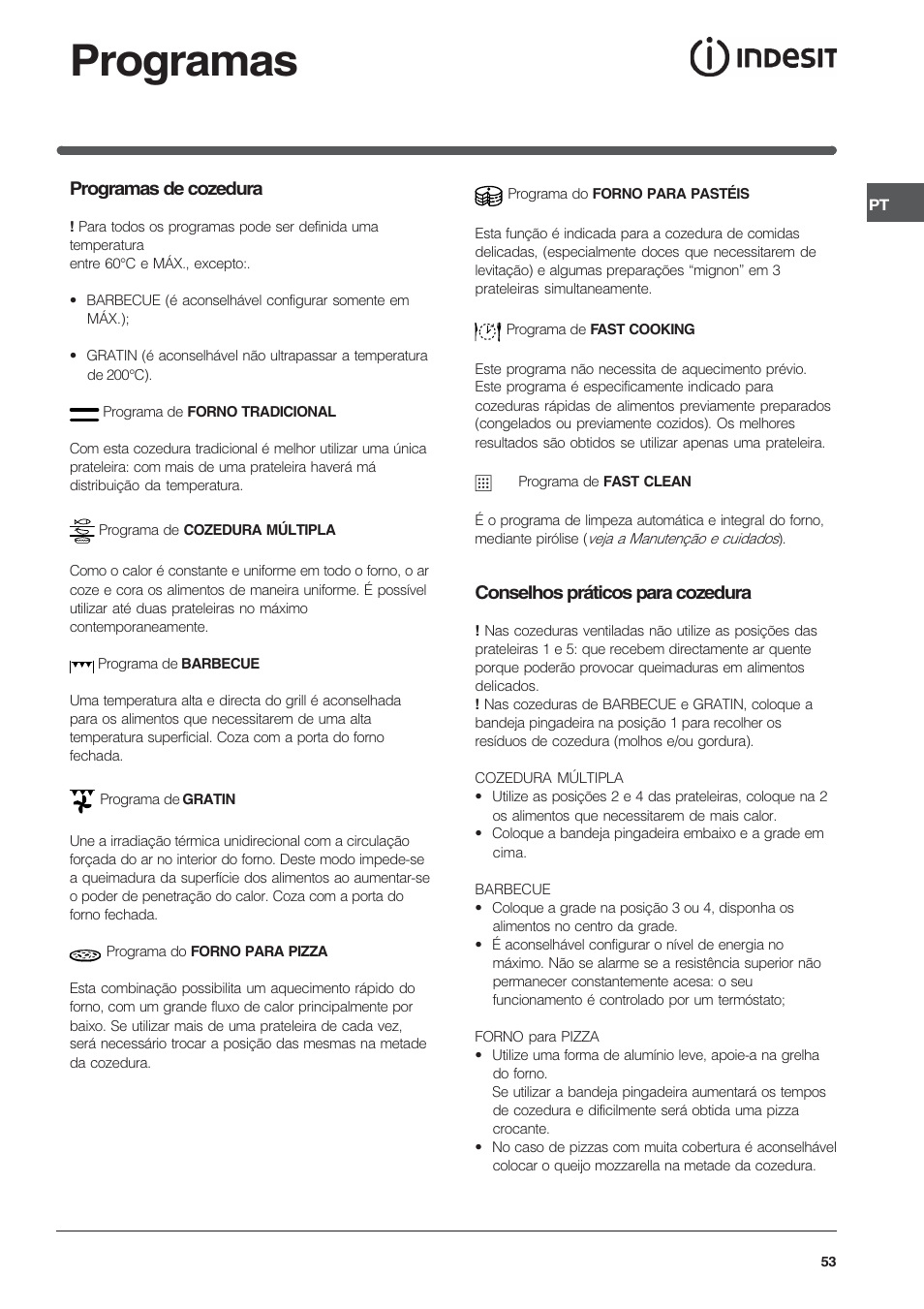 Programas, Programas de cozedura, Conselhos práticos para cozedura | Indesit FIE76PK-AIX User Manual | Page 53 / 60