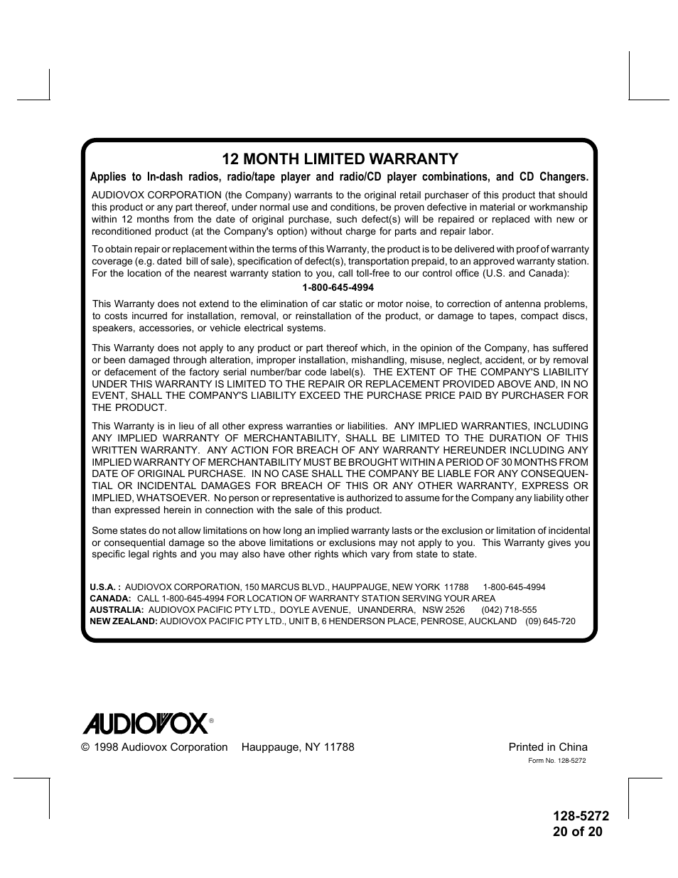 12 month limited warranty | Audiovox ACD-32A User Manual | Page 20 / 20