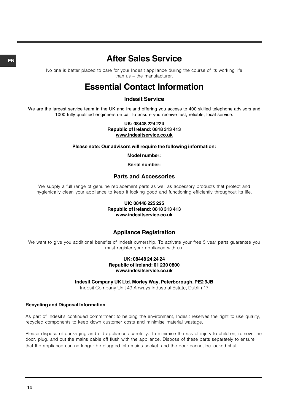 After sales service, Essential contact information | Indesit IDS105UK User Manual | Page 14 / 16