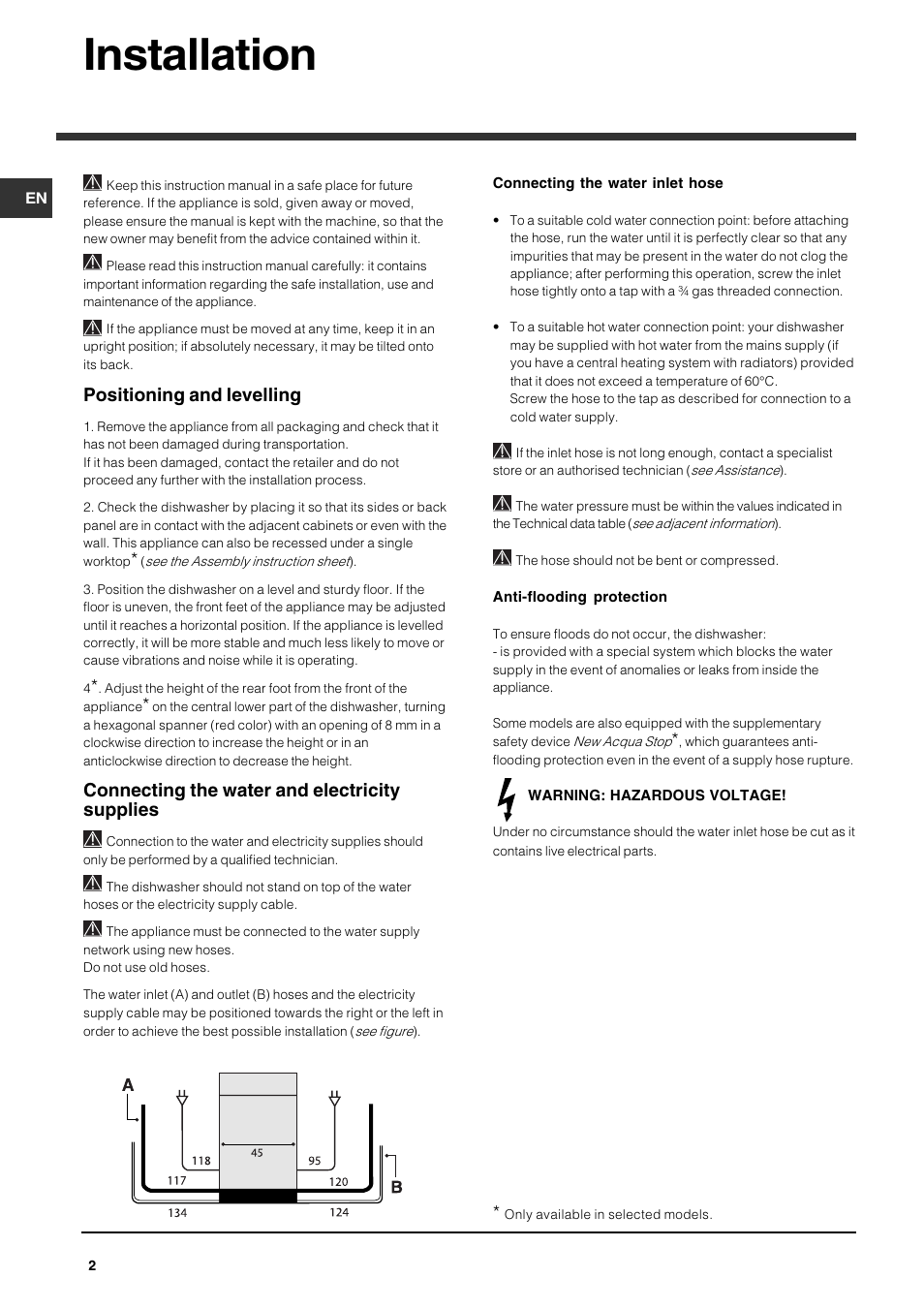 Installation, Positioning and levelling, Connecting the water and electricity supplies | Indesit IDS105UK User Manual | Page 2 / 16